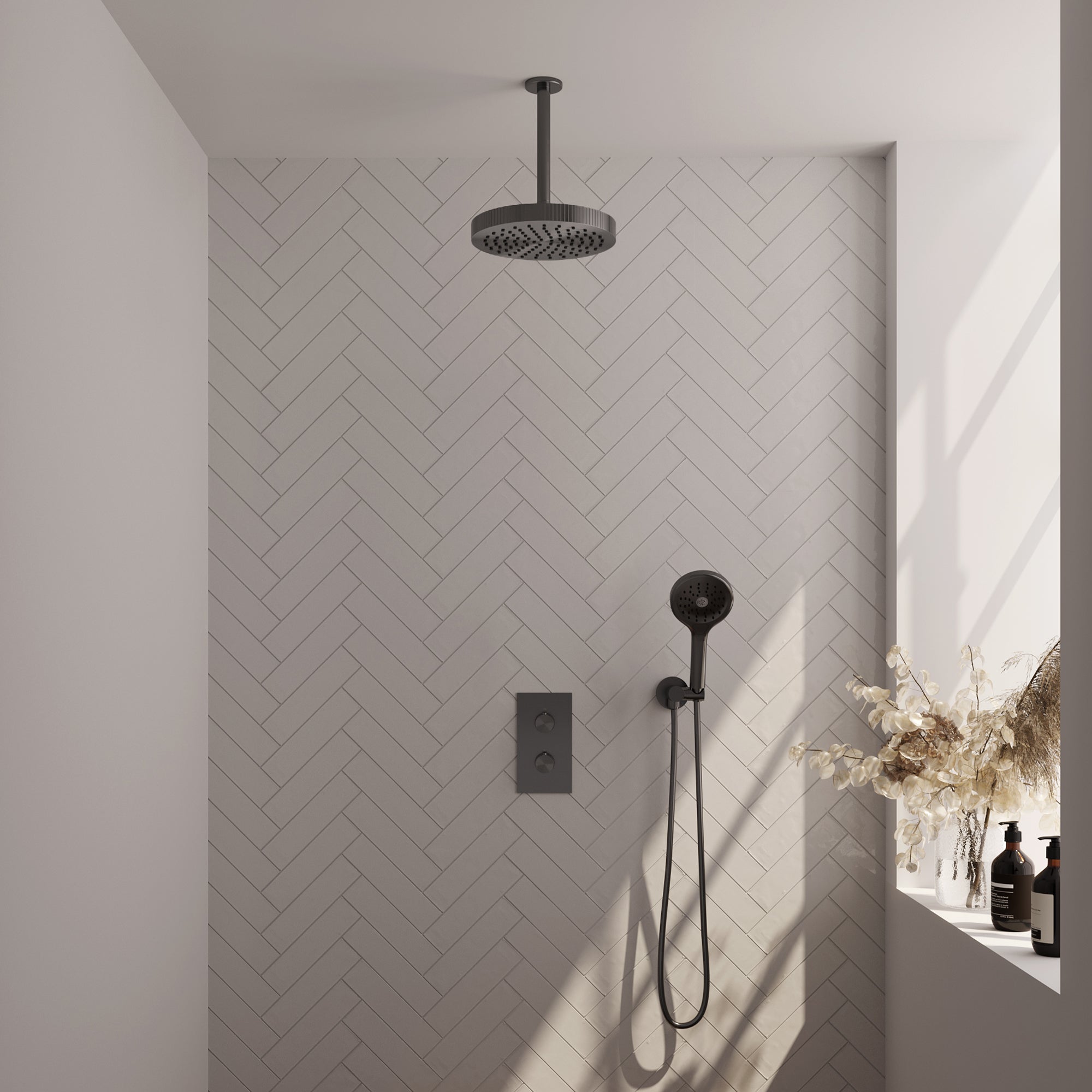 Brauer Stripe thermostatische inbouw regendouche rechthoekig  - 20cm plafondbuis - 3-standen handdouche - wandhouder - Geborsteld Gunmetal PVD