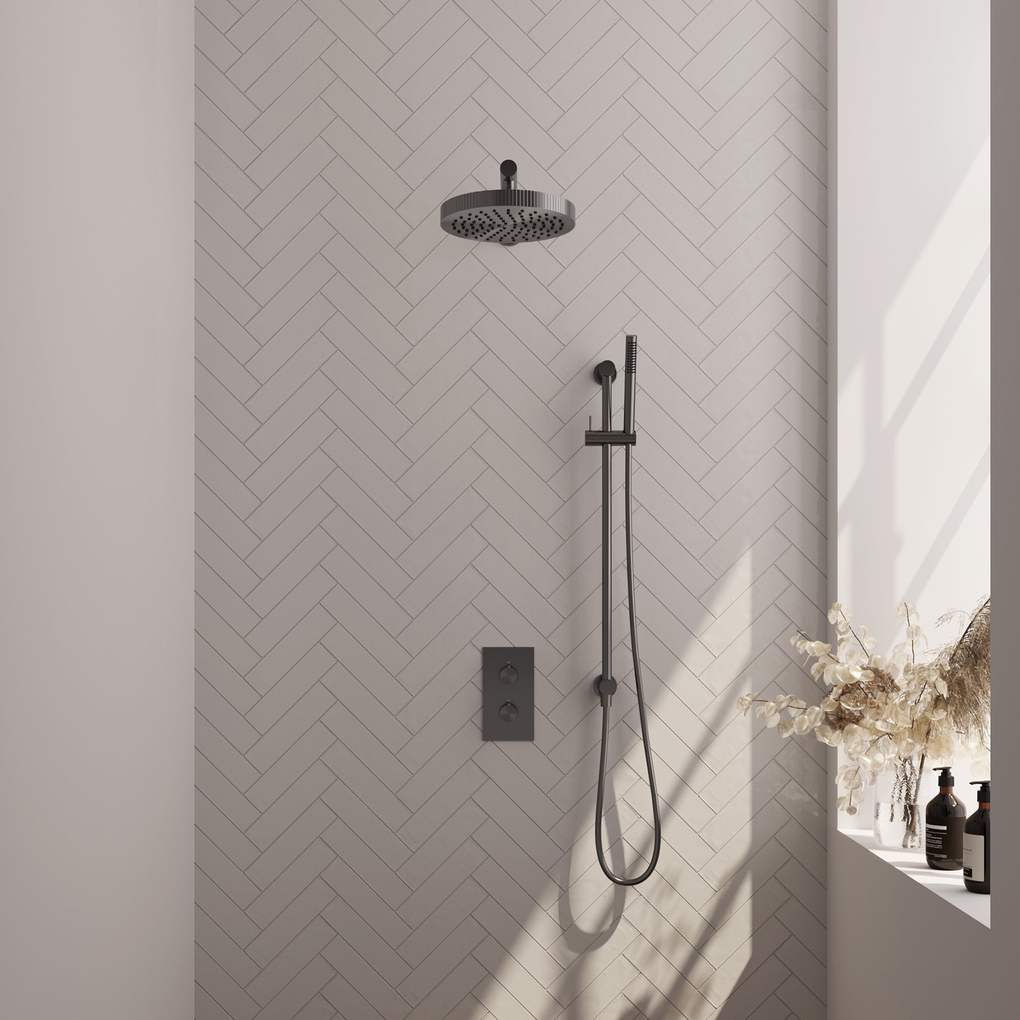 Brauer Stripe thermostatische inbouw regendouche rechthoekig - rechte wandarm - staafhanddouche - glijstang - Geborsteld Gunmetal PVD