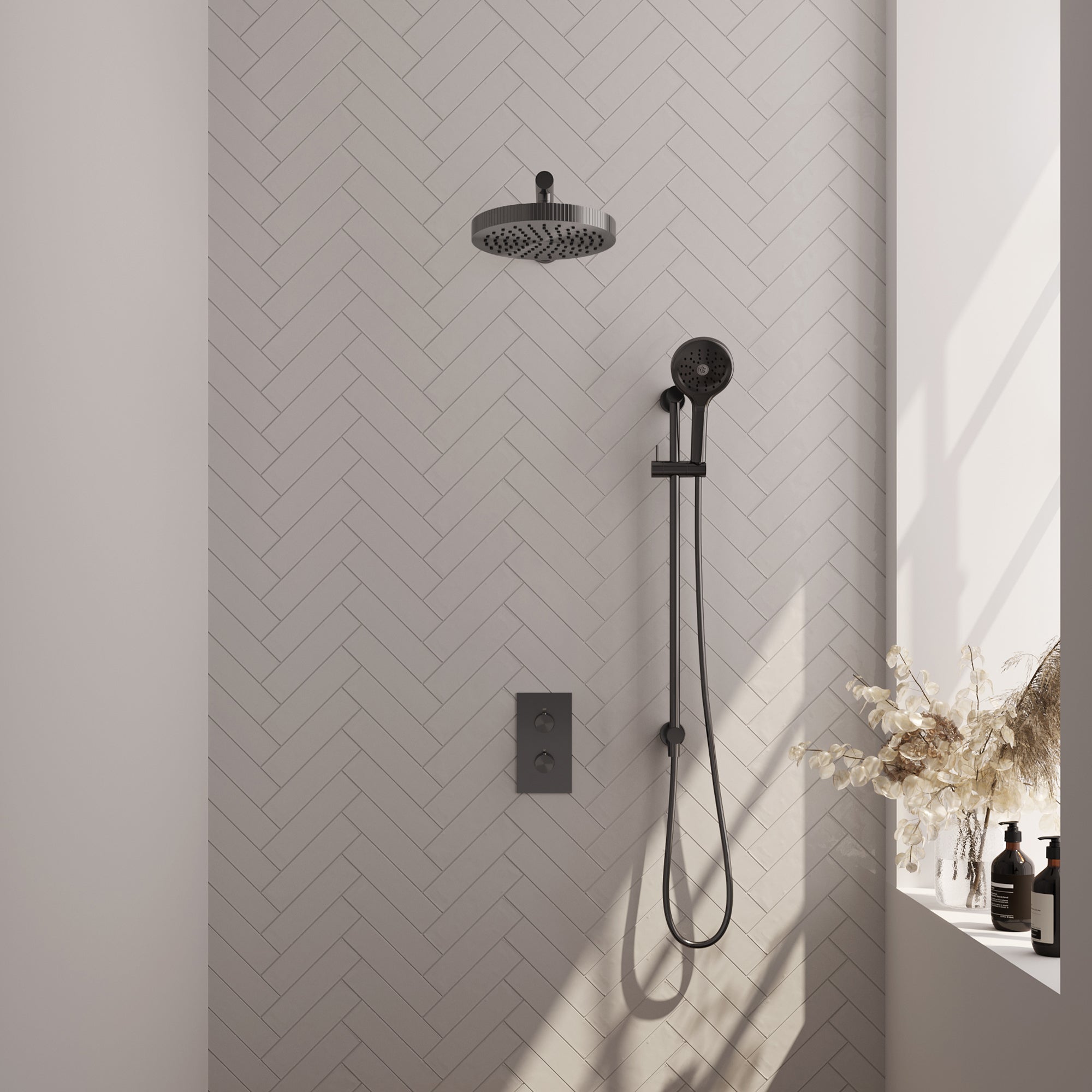 Brauer Stripe thermostatische inbouw regendouche rechthoekig - rechte wandarm - 3-standen handdouche - glijstang - Geborsteld Gunmetal PVD