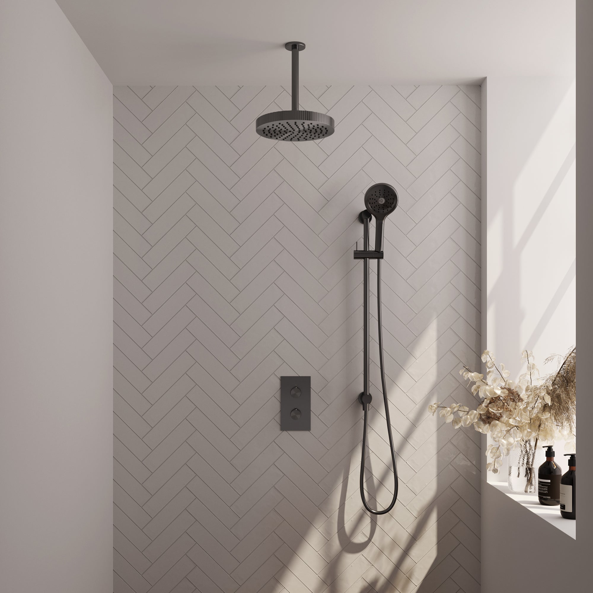 Brauer Stripe thermostatische inbouw regendouche rechthoekig  - 20cm plafondbuis - 3-standen handdouche - glijstang - Geborsteld Gunmetal PVD