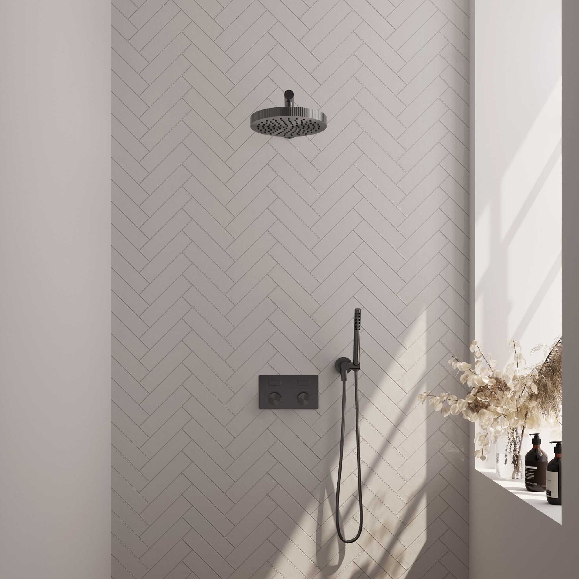 Brauer Stripe inbouw regendoucheset met drukknoppen - rechte wandarm - staafhanddouche - wandhouder - Geborsteld Gunmetal PVD
