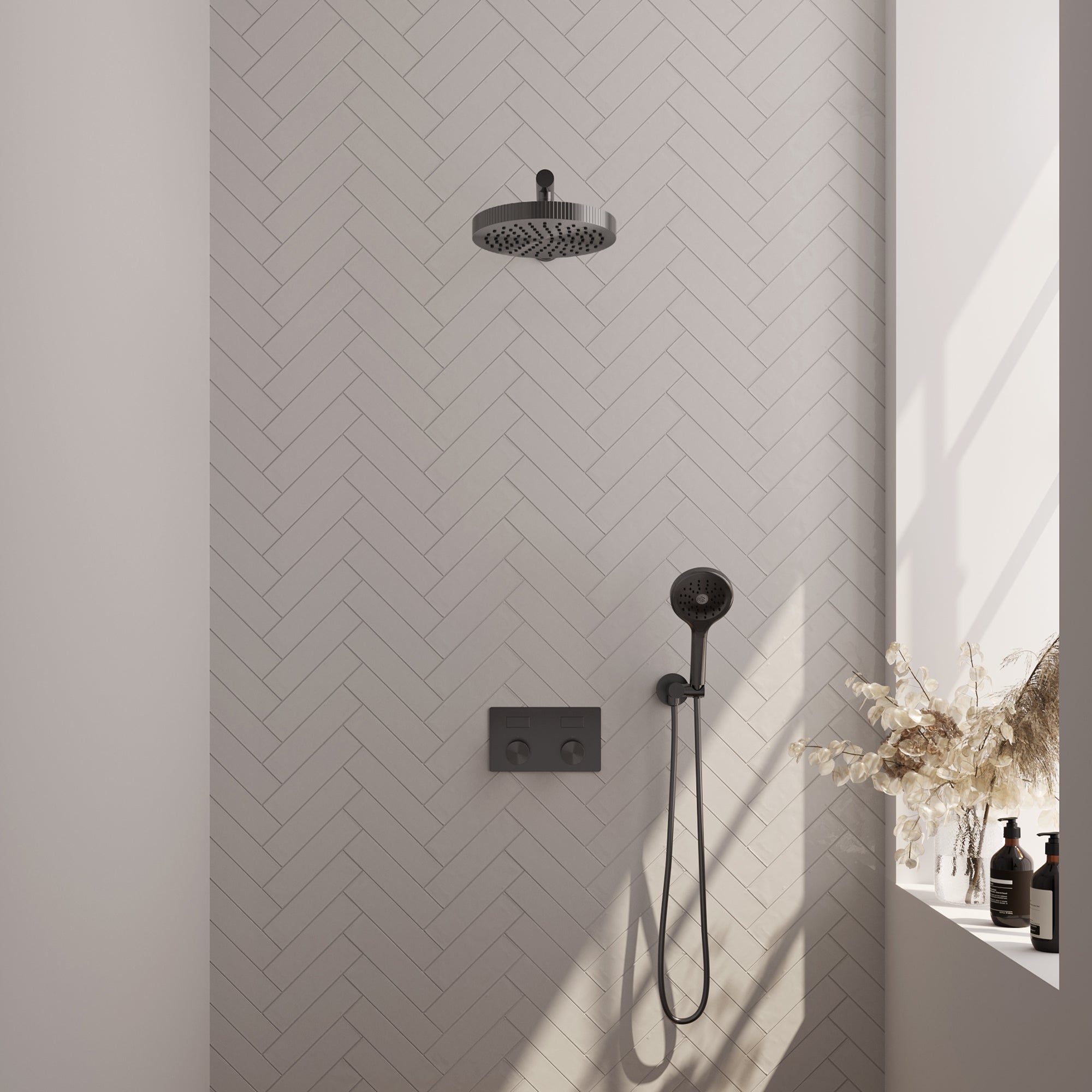 Brauer Stripe inbouw regendoucheset met drukknoppen - rechte wandarm - 3-standen handdouche - wandhouder - Geborsteld Gunmetal PVD