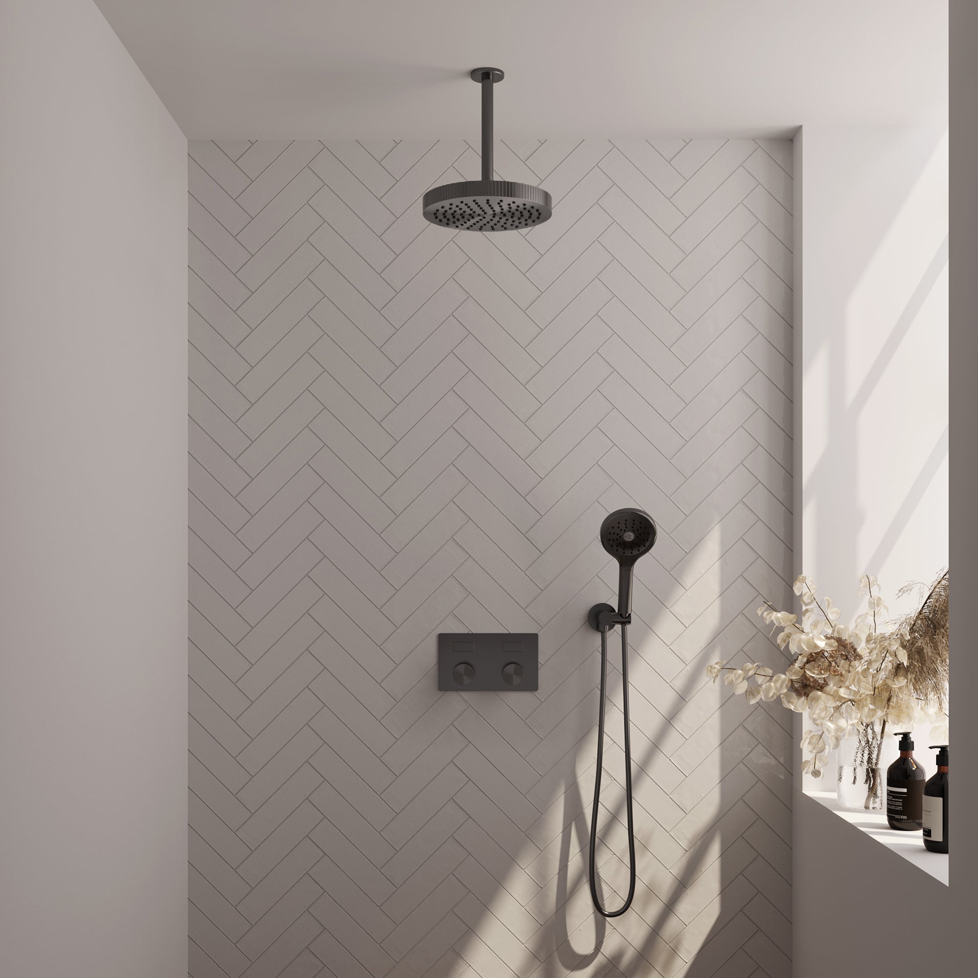 Brauer Stripe inbouw regendoucheset met drukknoppen  - 20cm plafondbuis - 3-standen handdouche - wandhouder - Geborsteld Gunmetal PVD