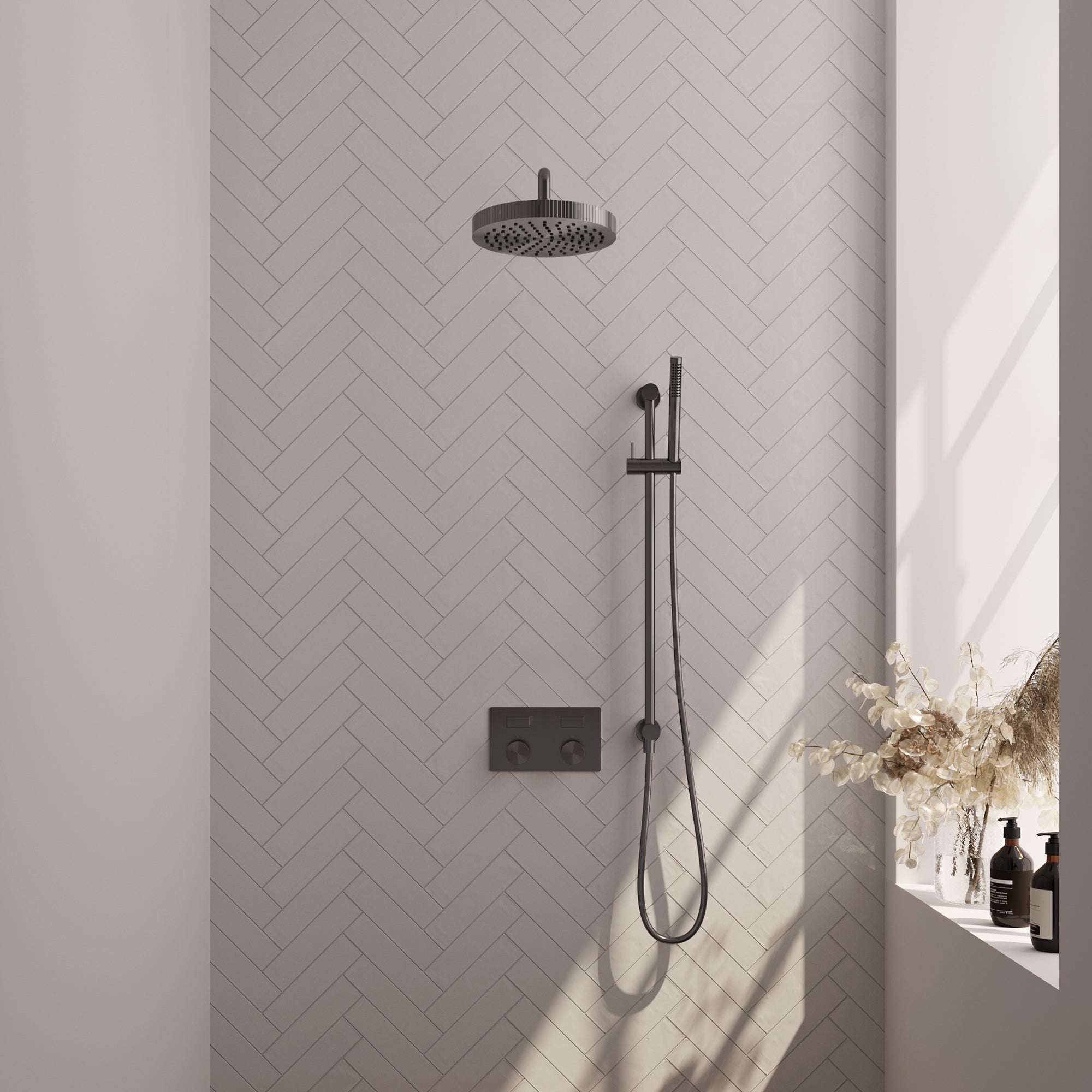 Brauer Stripe inbouw regendoucheset met drukknoppen - gebogen wandarm - staafhanddouche - glijstang - Geborsteld Gunmetal PVD