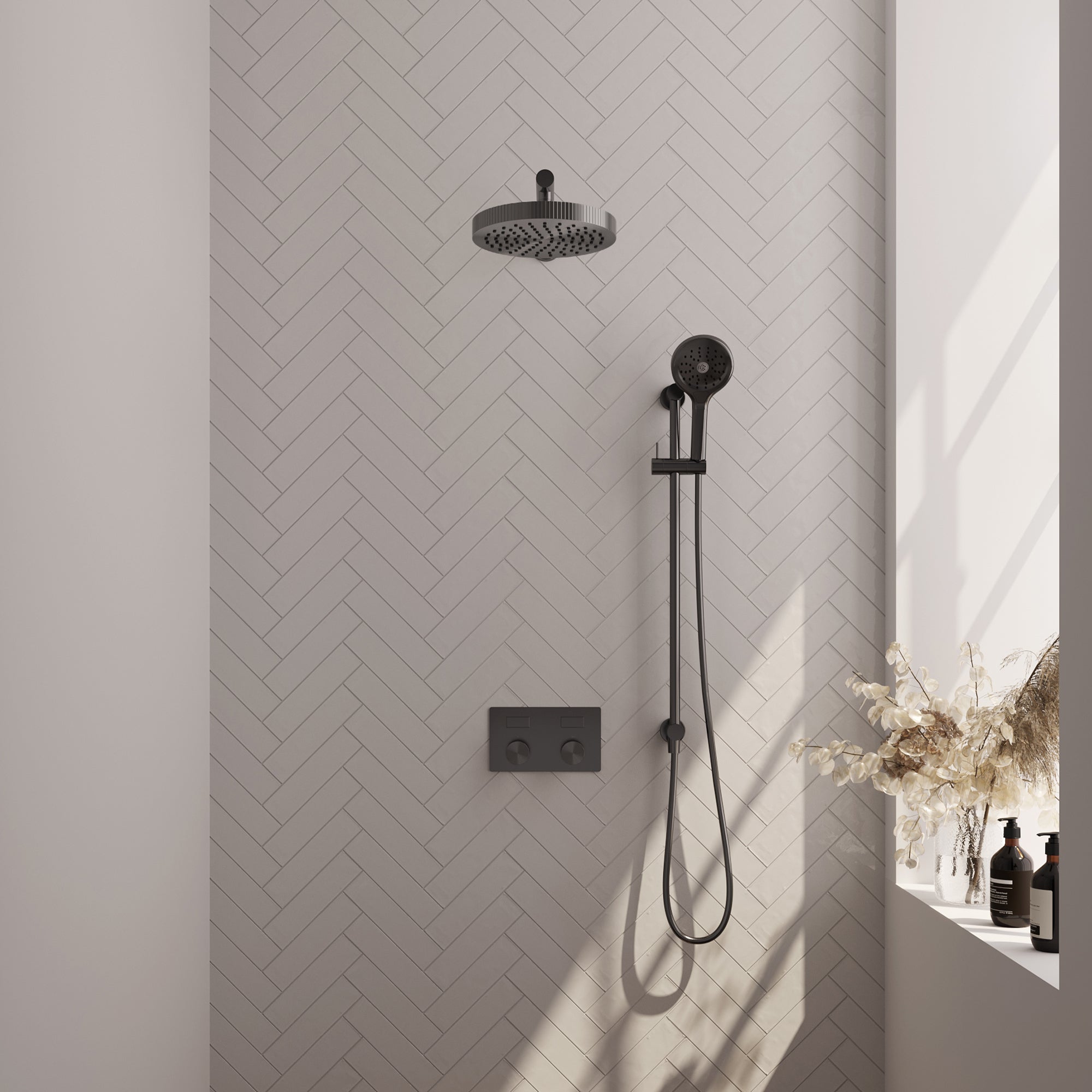 Brauer Stripe inbouw regendoucheset met drukknoppen - rechte wandarm - 3-standen handdouche - glijstang - Geborsteld Gunmetal PVD