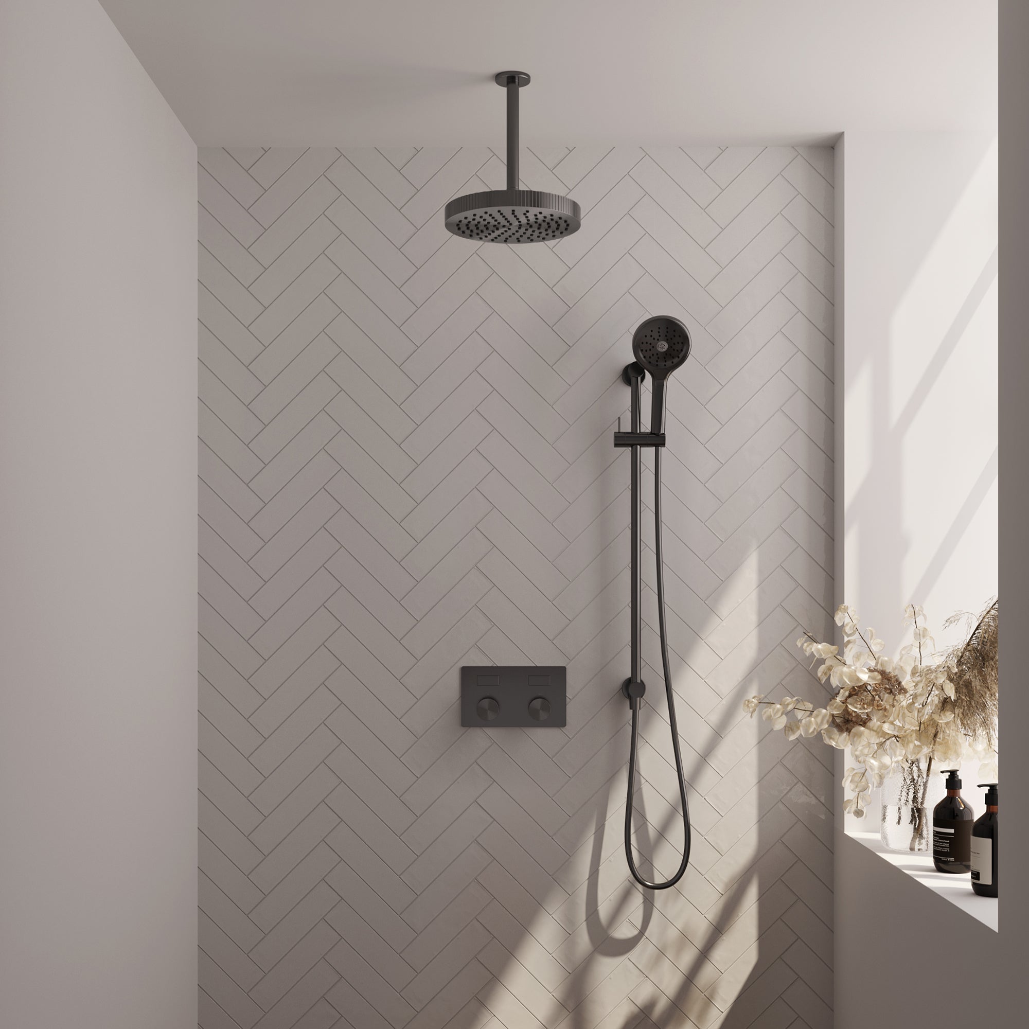 Brauer Stripe inbouw regendoucheset met drukknoppen  - 20cm plafondbuis - 3-standen handdouche - glijstang - Geborsteld Gunmetal PVD