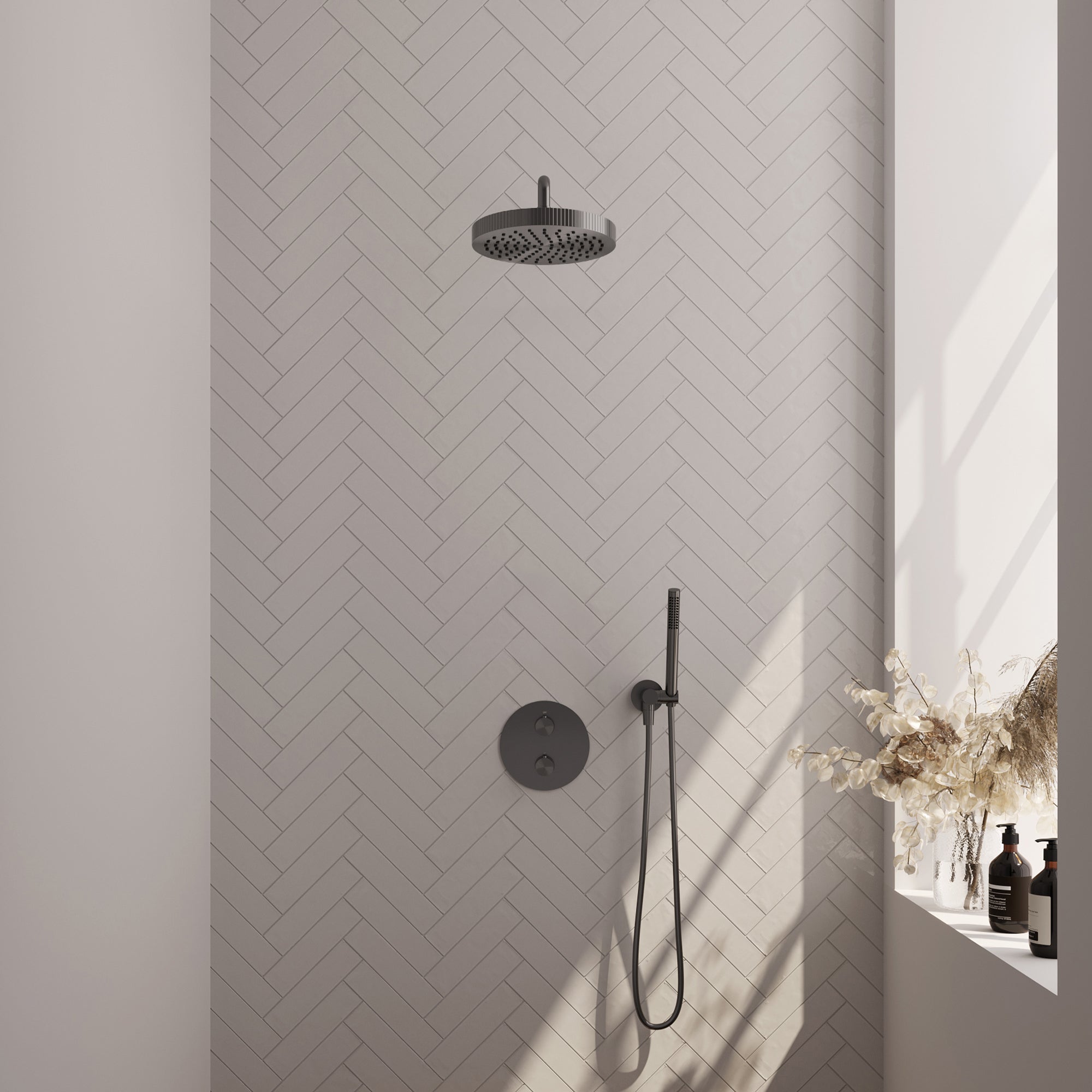 Brauer Stripe inbouw regendoucheset rond - gebogen wandarm - staafhanddouche - wandhouder - Geborsteld Gunmetal PVD