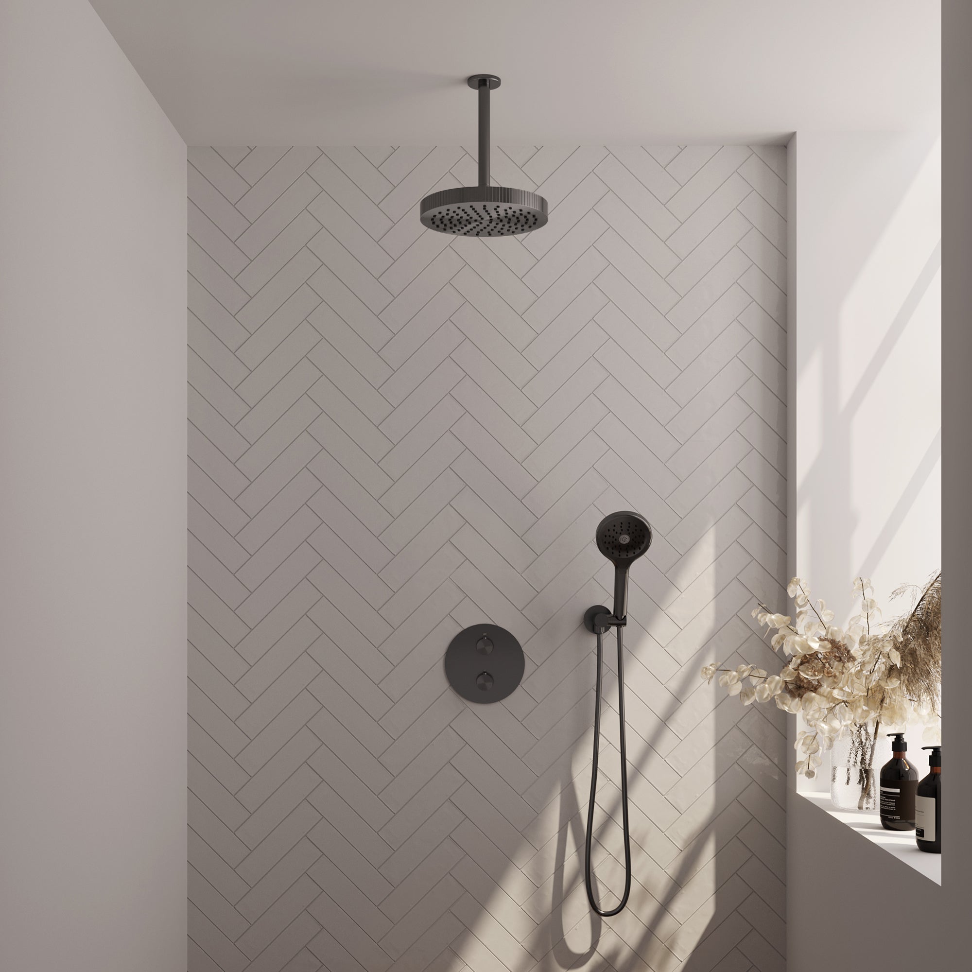 Brauer Stripe inbouw regendoucheset rond  - 20cm plafondbuis - 3-standen handdouche - wandhouder - Geborsteld Gunmetal PVD