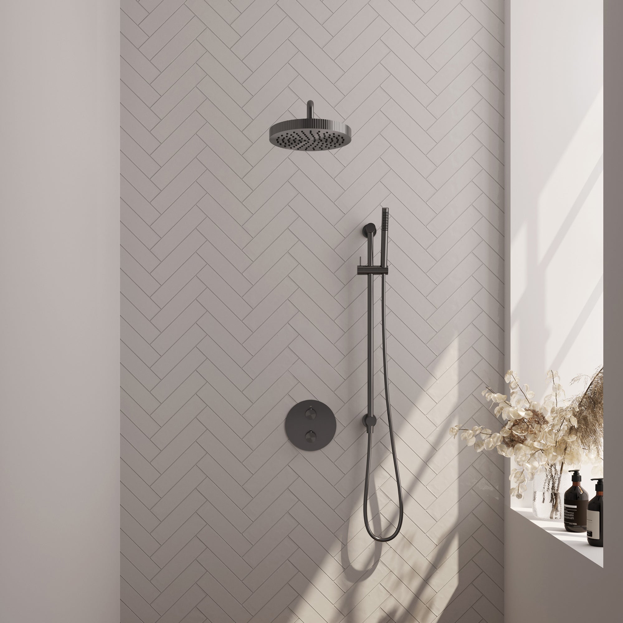 Brauer Stripe inbouw regendoucheset rond - gebogen wandarm - staafhanddouche - glijstang - Geborsteld Gunmetal PVD
