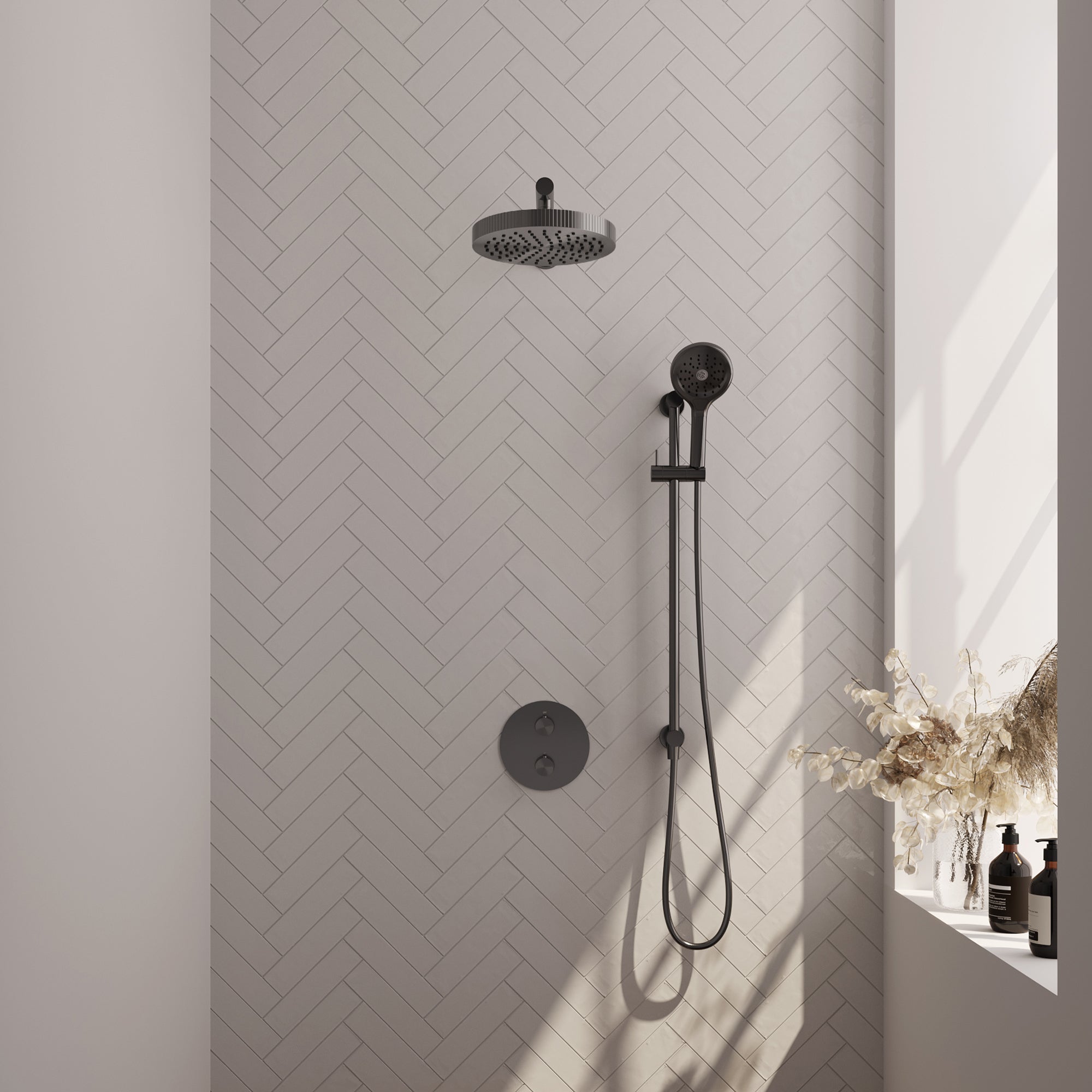 Brauer Stripe inbouw regendoucheset rond - rechte wandarm - 3-standen handdouche - glijstang - Geborsteld Gunmetal PVD
