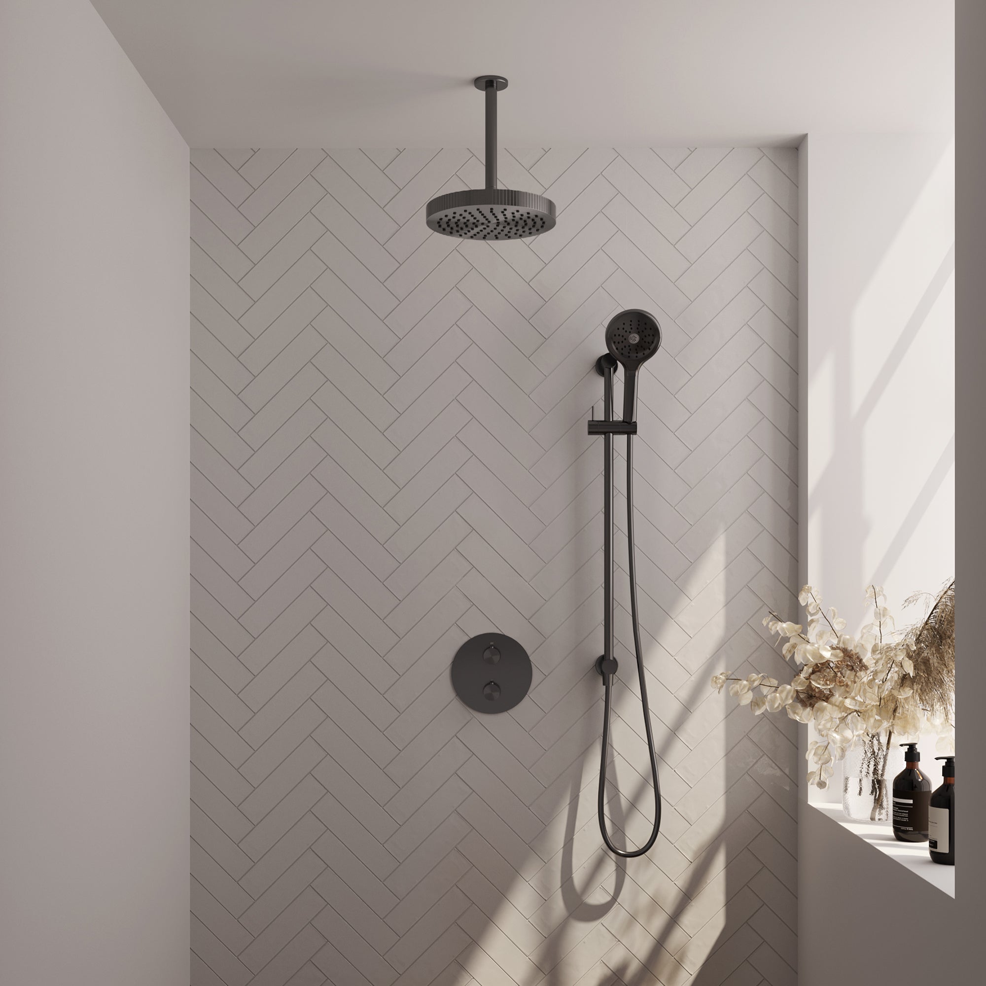 Brauer Stripe inbouw regendoucheset rond  - 20cm plafondbuis - 3-standen handdouche - glijstang - Geborsteld Gunmetal PVD