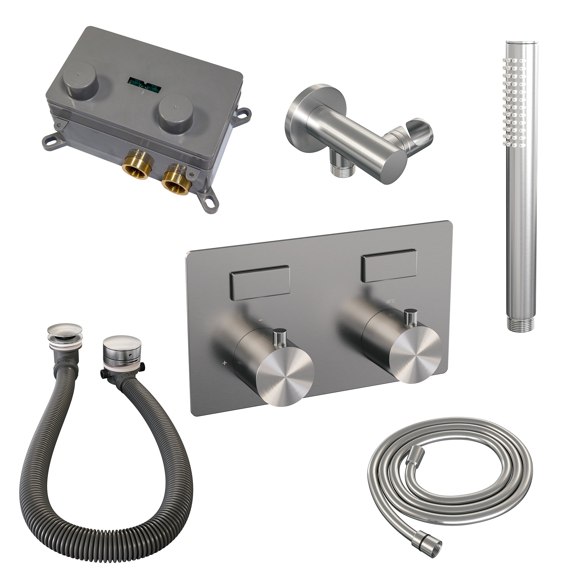 Brauer Edition inbouw badthermostaat - drukknoppen - badafvoer/vulcombinatie - staafhanddouche - geborsteld rvs PVD