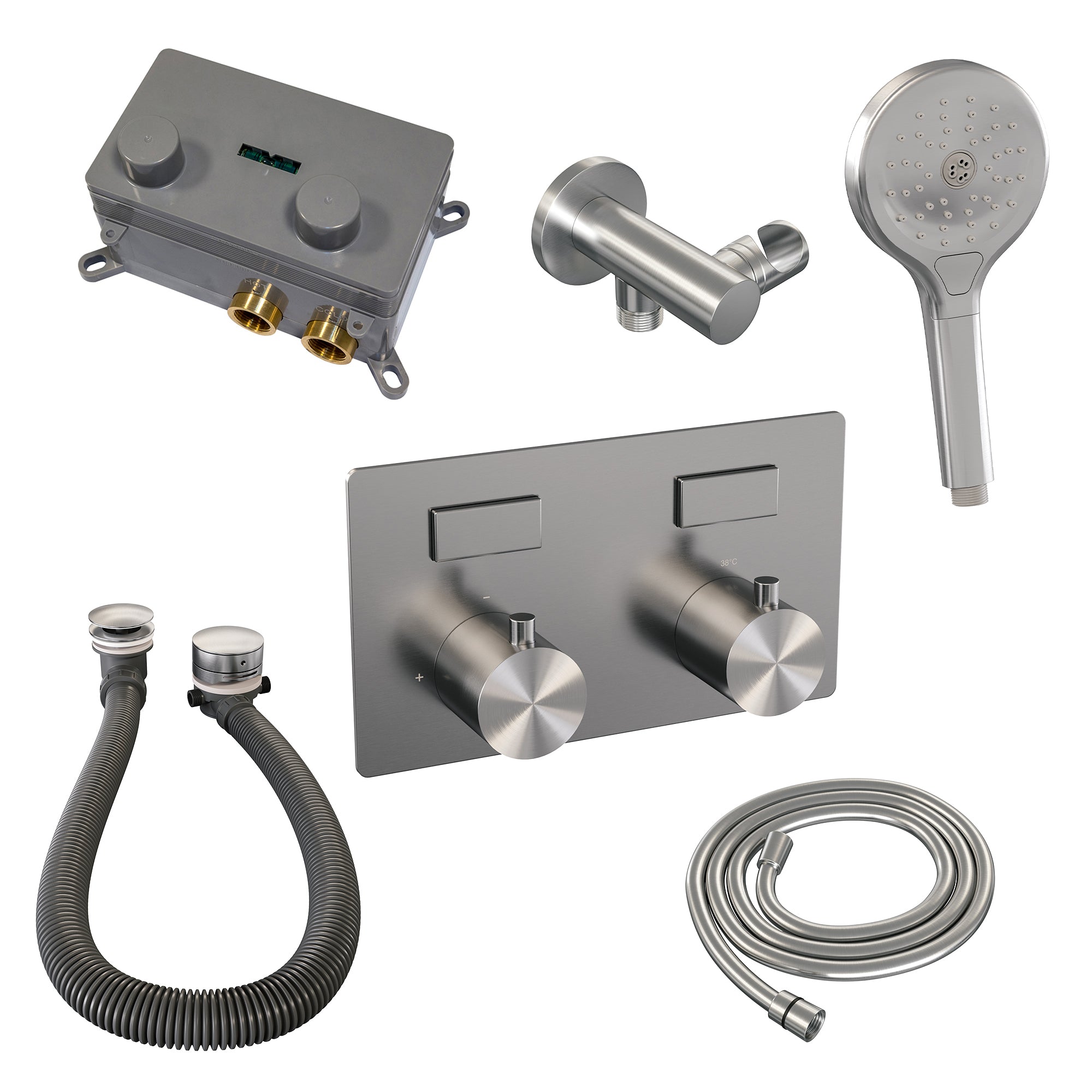 Brauer Edition inbouw badthermostaat - drukknoppen - badafvoer/vulcombinatie - 3-standen handdouche - geborsteld rvs PVD