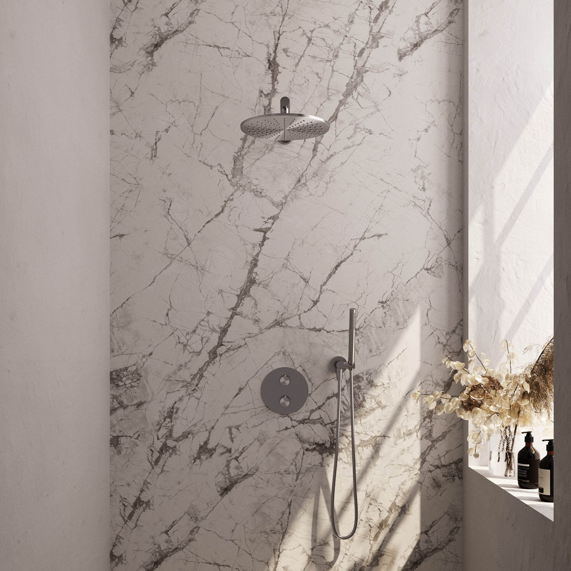Brauer Edition inbouw regendoucheset 3-weg rond - 30cm hoofddouche - rechte wandarm - staafhanddouche - wandhouder - geborsteld RVS PVD