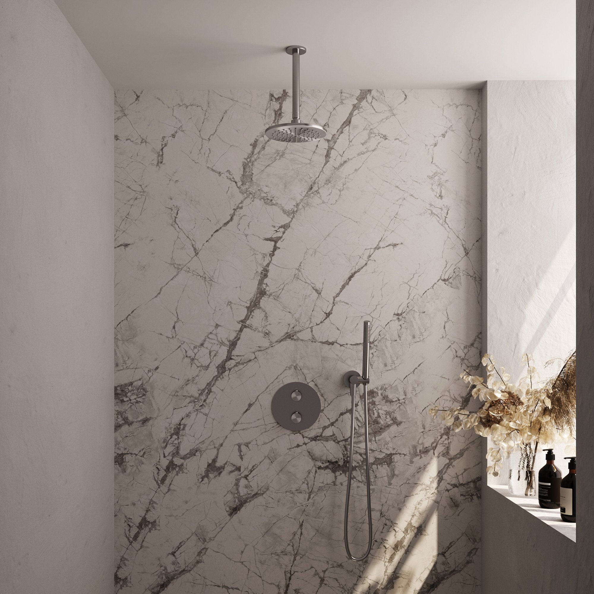Brauer Edition inbouw regendoucheset 3-weg rond - 20cm hoofddouche - plafondarm - staafhanddouche - wandhouder - geborsteld RVS PVD