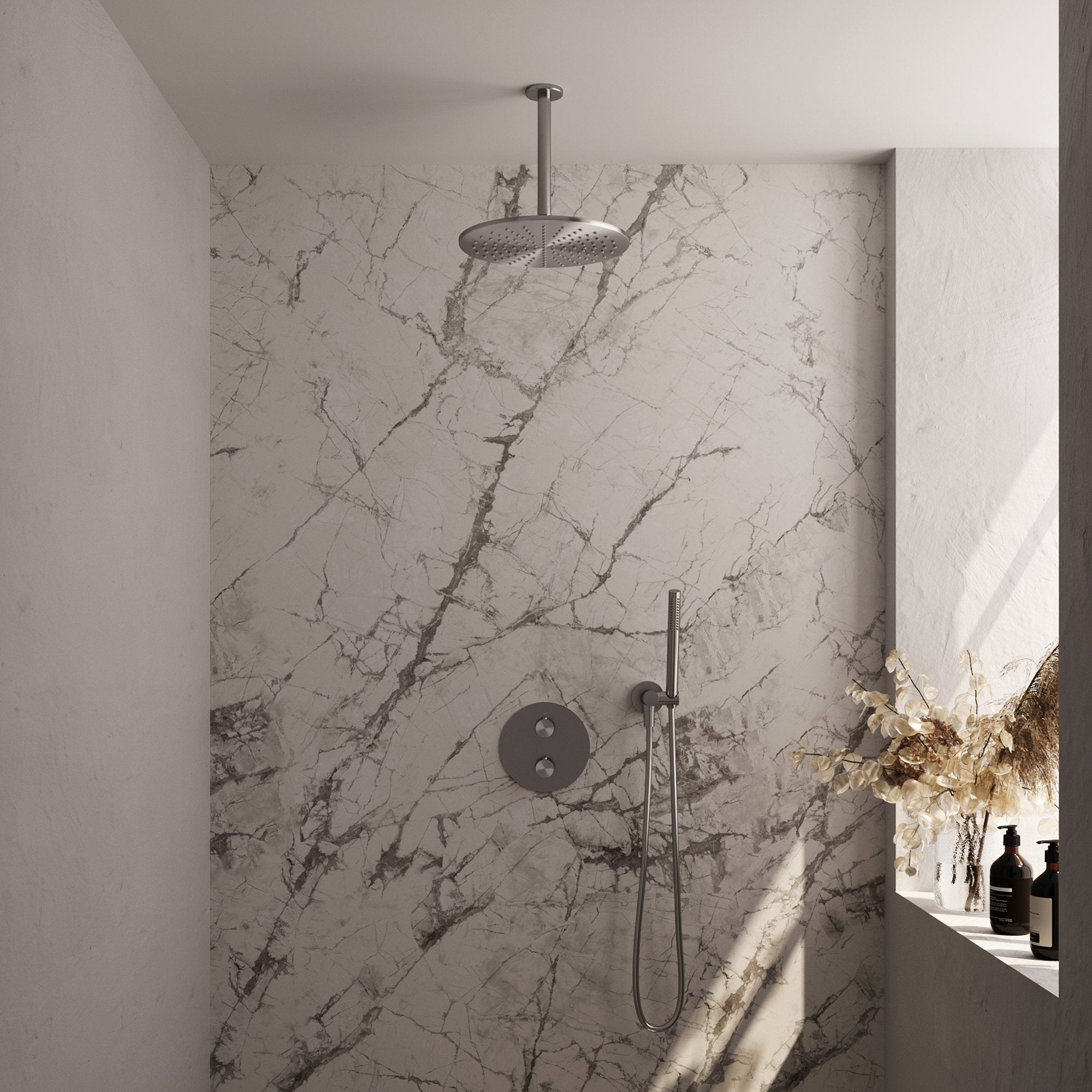 Brauer Edition inbouw regendoucheset 3-weg rond - 30cm hoofddouche - plafondarm - staafhanddouche - wandhouder - geborsteld RVS PVD