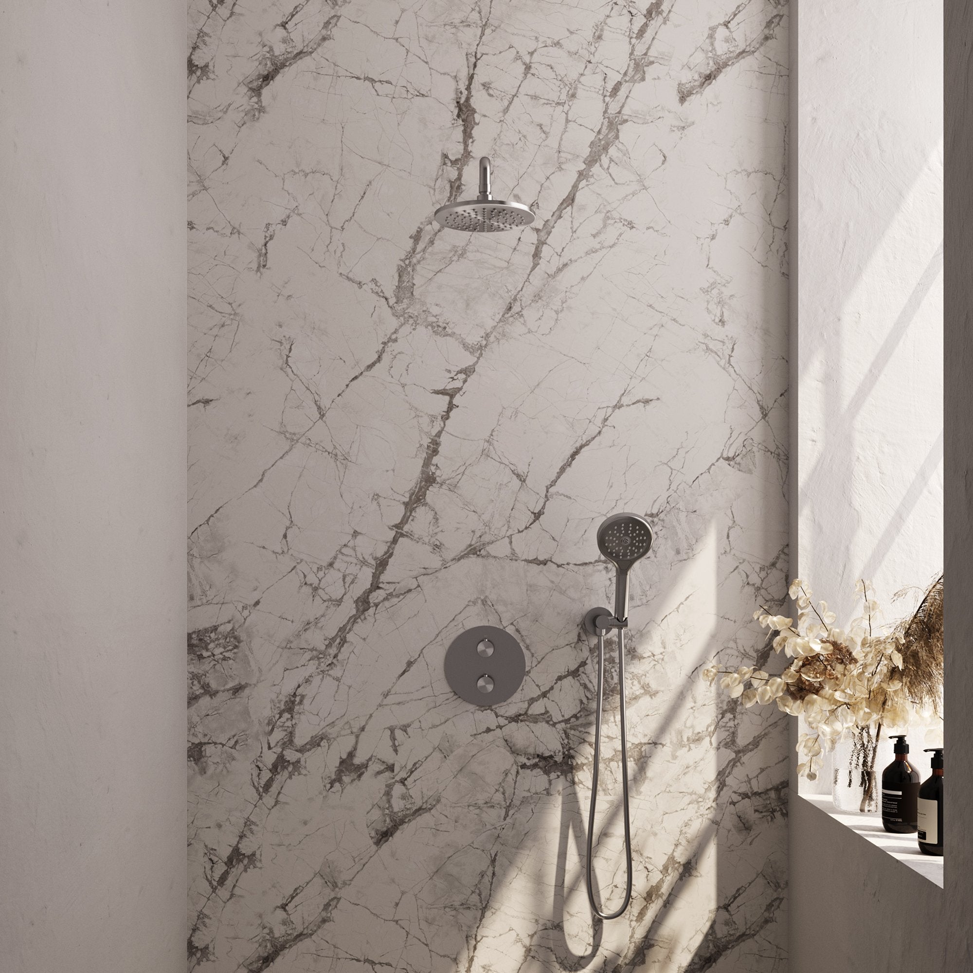 Brauer Edition inbouw regendoucheset 3-weg rond - 20cm hoofddouche - gebogen wandarm - 3 standen handdouche - wandhouder - geborsteld RVS PVD