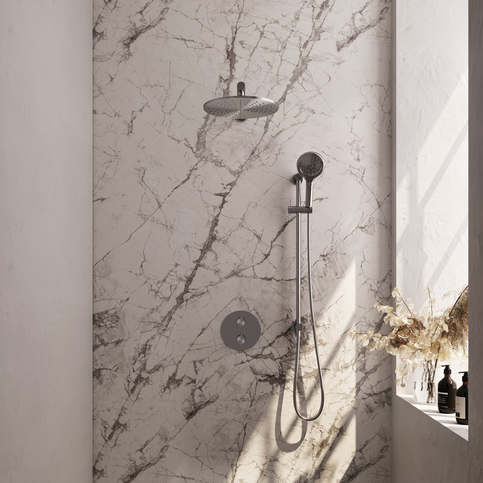 Brauer Edition inbouw regendoucheset 3-weg rond - 30cm hoofddouche - rechte wandarm - 3 standen handdouche - glijstang - geborsteld RVS PVD