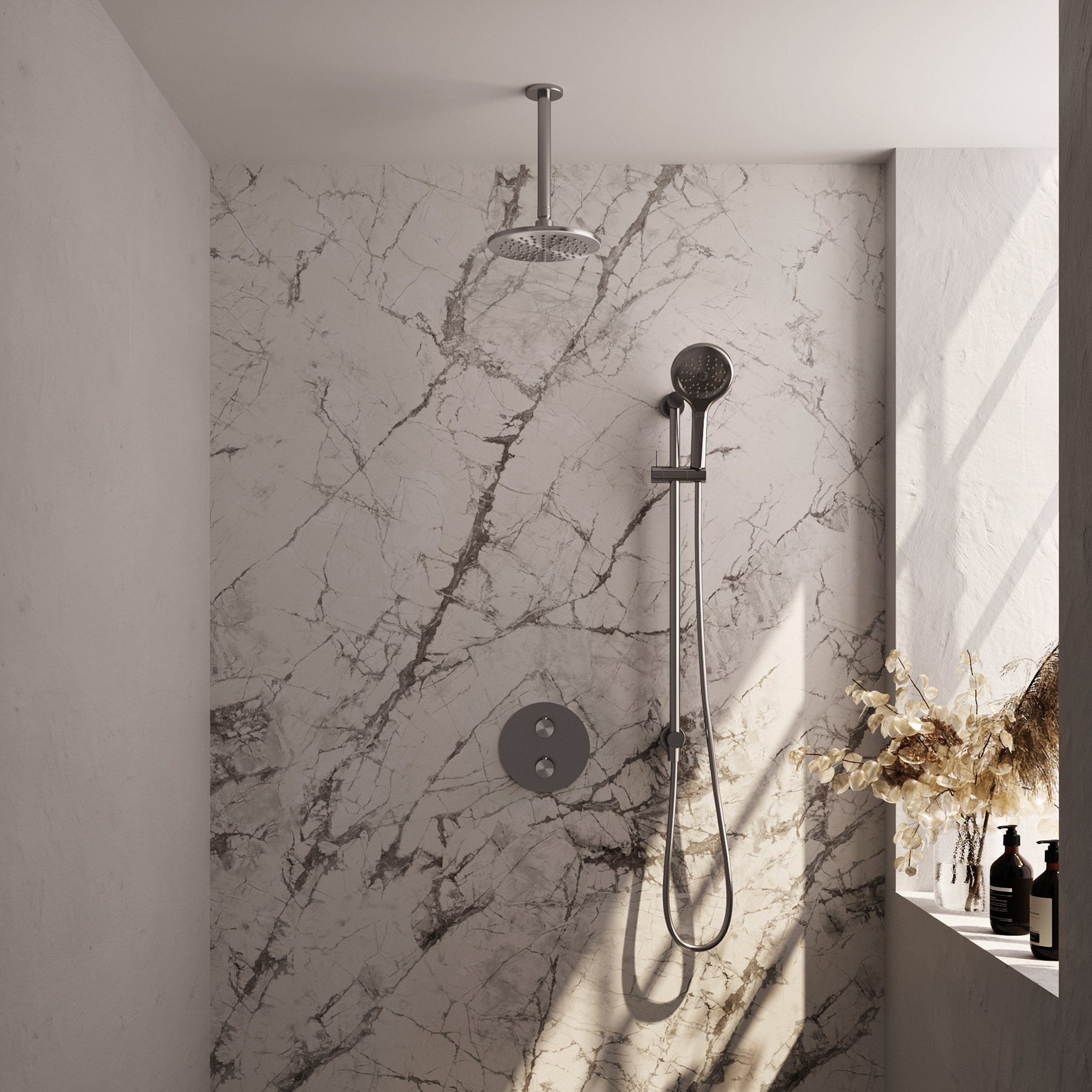 Brauer Edition inbouw regendoucheset 3-weg rond - 20cm hoofddouche - plafondarm - 3 standen handdouche - glijstang - geborsteld RVS PVD