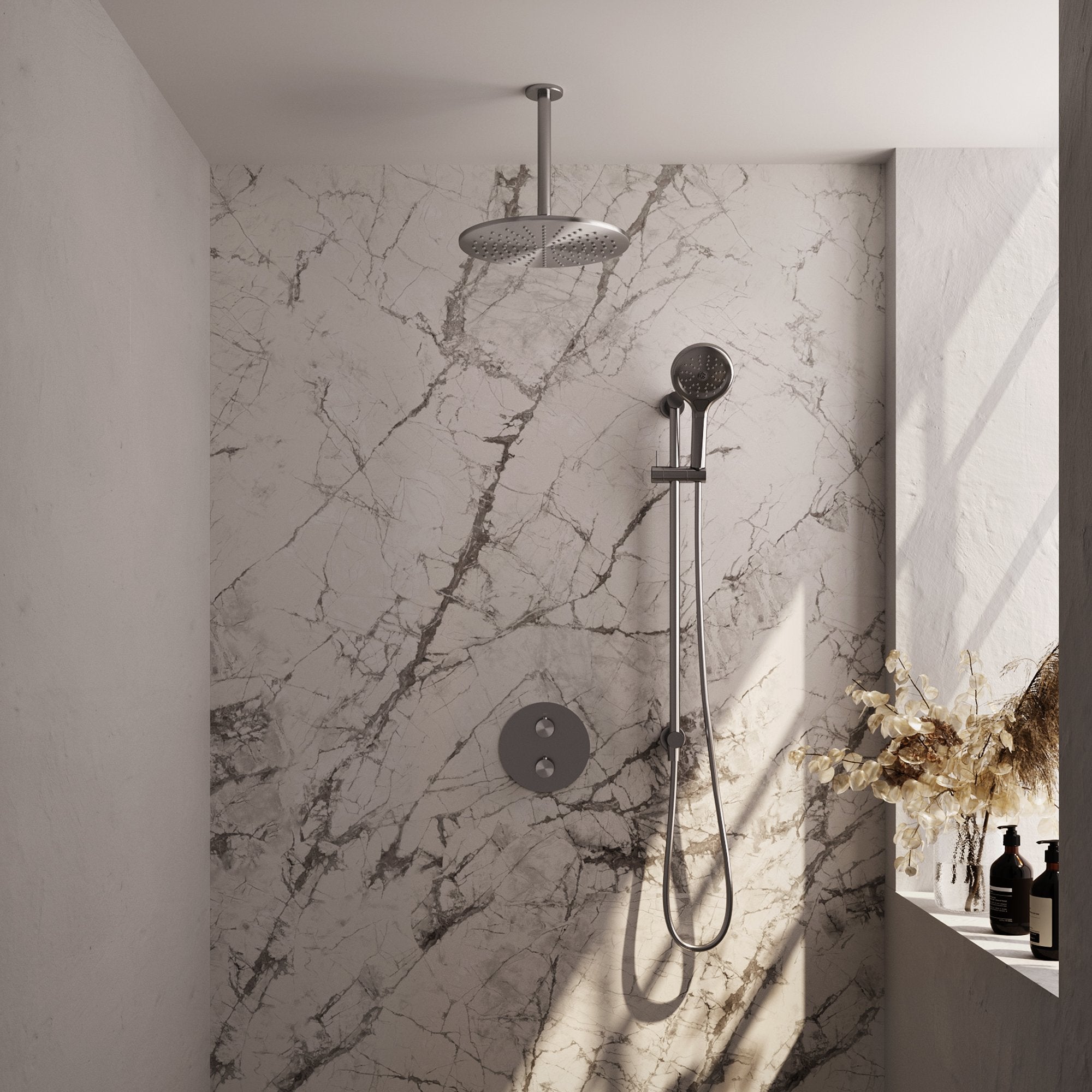 Brauer Edition inbouw regendoucheset 3-weg rond - 30cm hoofddouche - plafondarm - 3 standen handdouche - glijstang - geborsteld RVS PVD