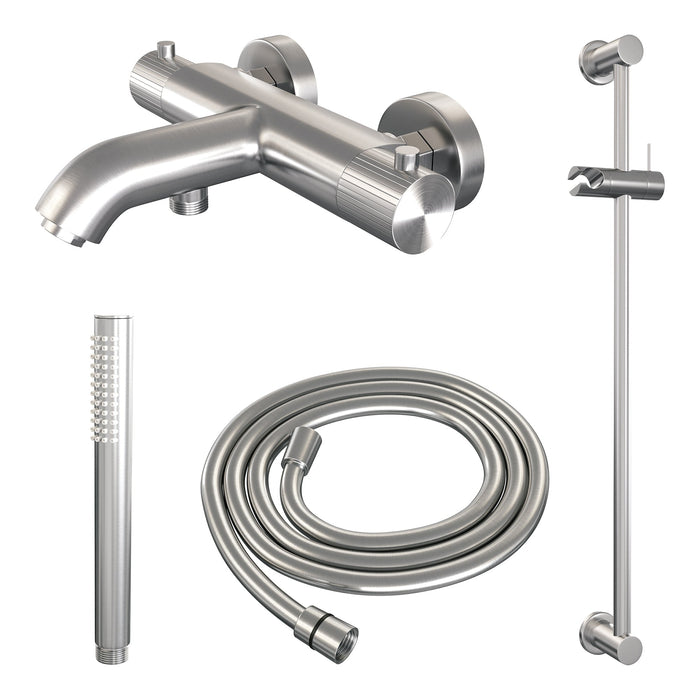 Brauer Stripe opbouw bad thermostaatkraan glijstangset - met staafhanddouche - geborsteld RVS PVD