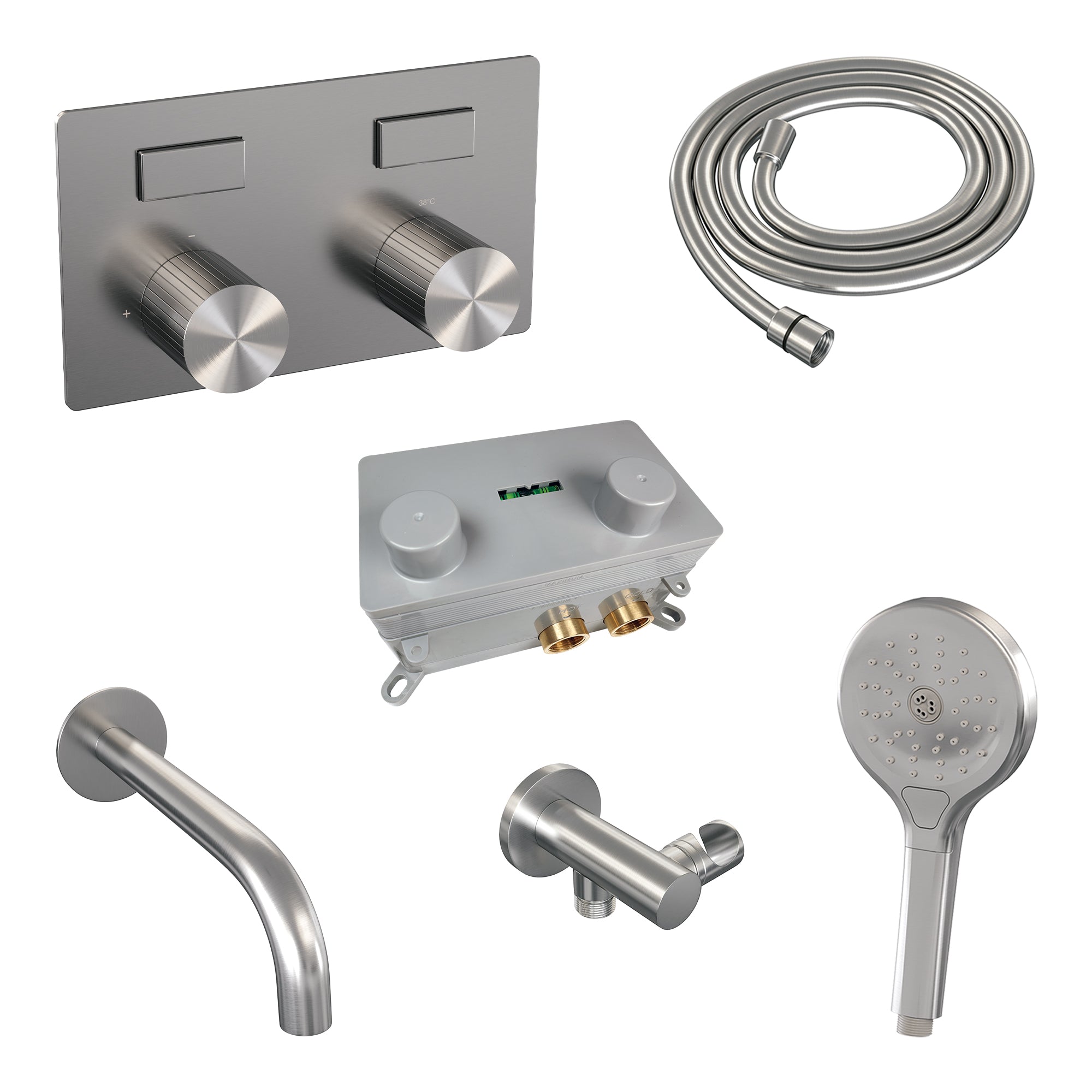 Brauer Stripe inbouw badthermostaat met drukknoppen en uitloop - 3-standen handdouche - geborsteld RVS PVD