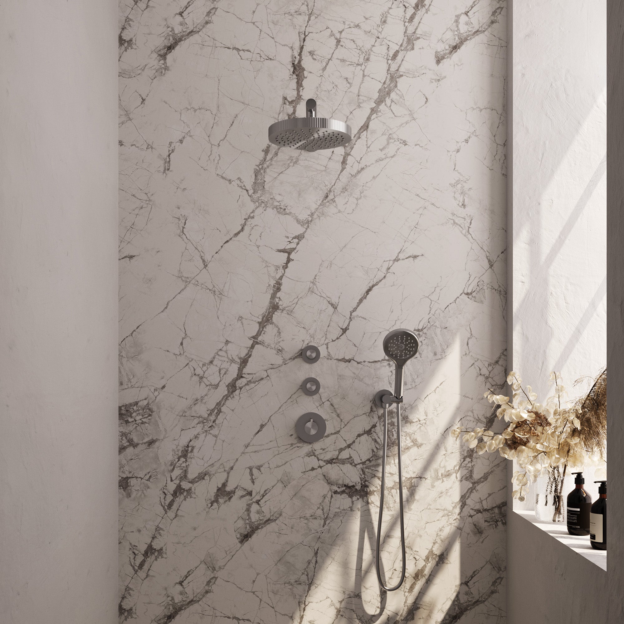 Brauer Stripe inbouw regendoucheset met 2 stopkranen - rechte wandarm - 3-standen handdouche - wandhouder - geborsteld RVS PVD