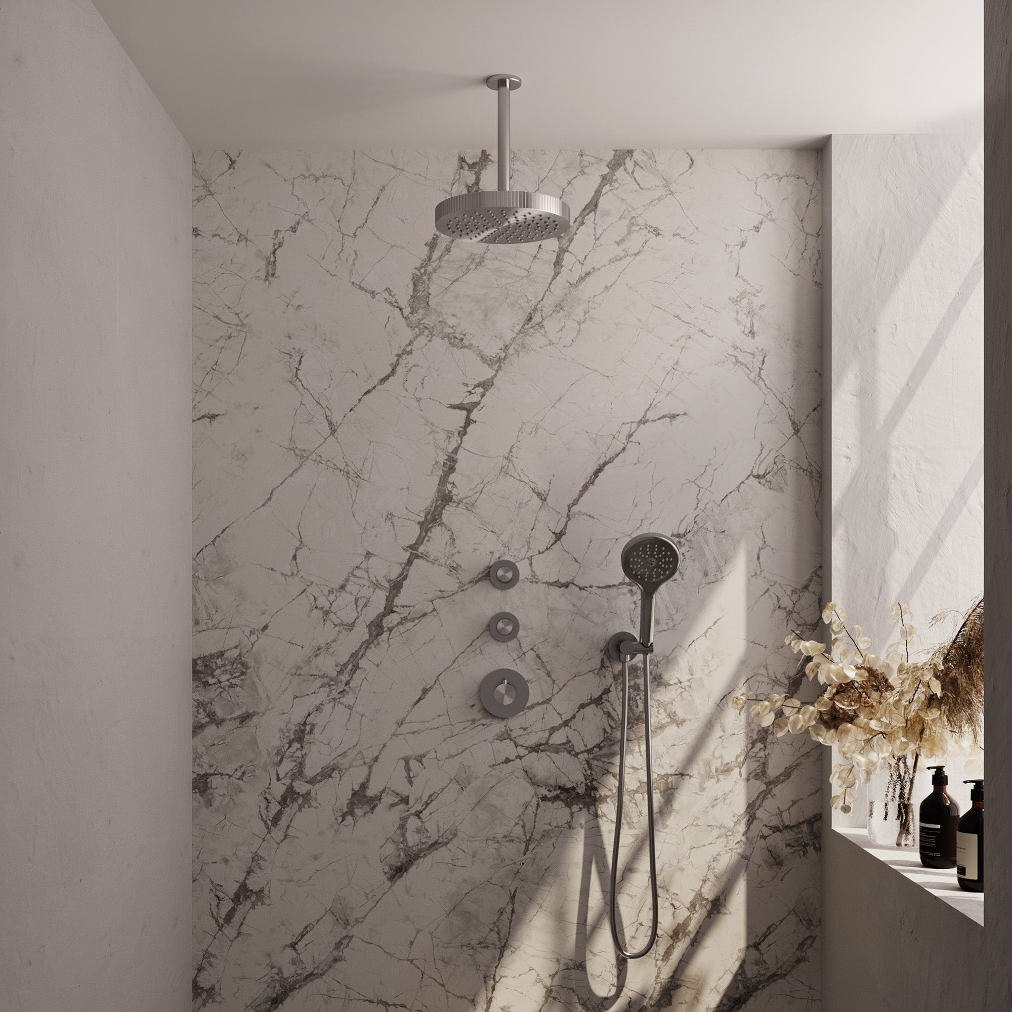 Brauer Stripe inbouw regendoucheset met 2 stopkranen  - 20cm plafondbuis - 3-standen handdouche - wandhouder - geborsteld RVS PVD