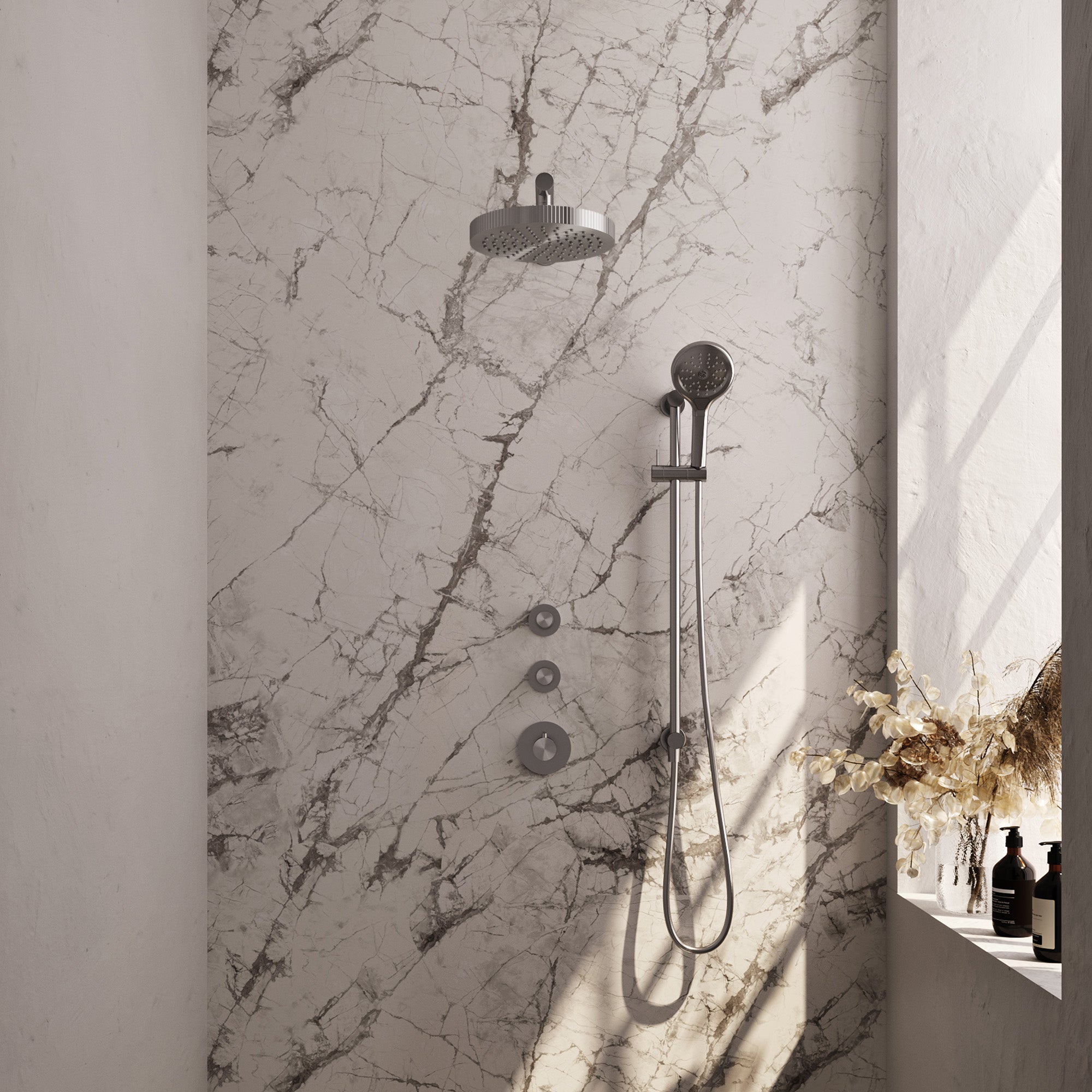 Brauer Stripe inbouw regendoucheset met 2 stopkranen - rechte wandarm - 3-standen handdouche - glijstang - geborsteld RVS PVD