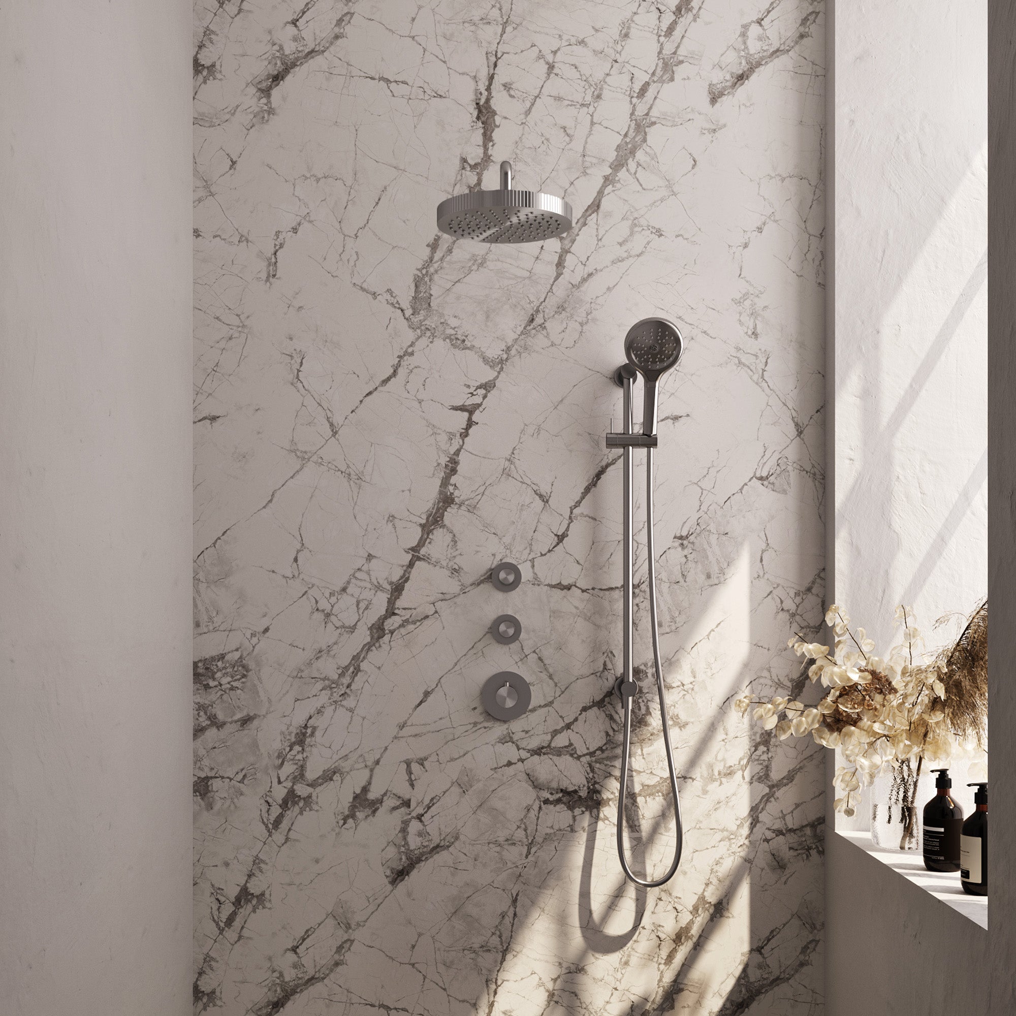 Brauer Stripe inbouw regendoucheset met 2 stopkranen - gebogen wandarm - 3-standen handdouche - glijstang - geborsteld RVS PVD