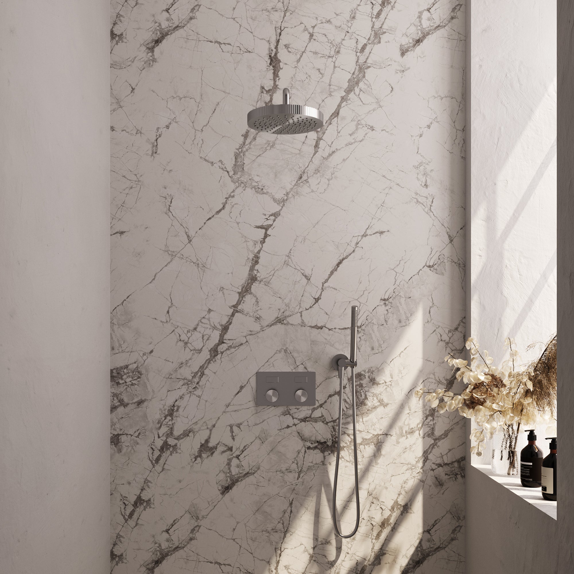 Brauer Stripe inbouw regendoucheset met drukknoppen - gebogen wandarm - staafhanddouche - wandhouder - geborsteld RVS PVD