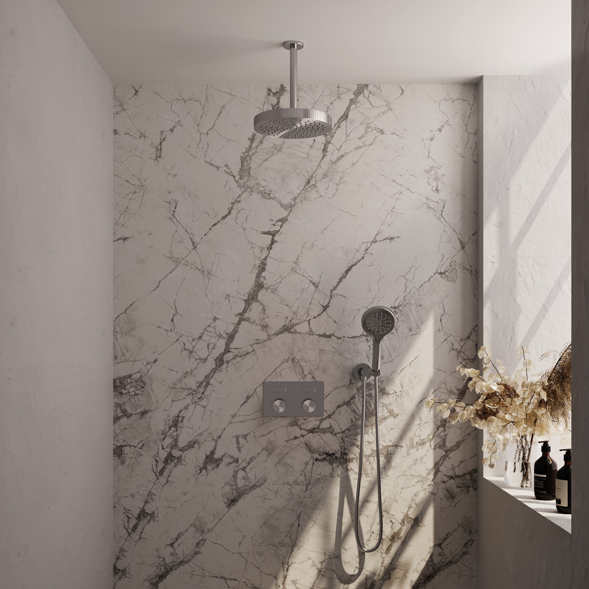 Brauer Stripe inbouw regendoucheset met drukknoppen  - 20cm plafondbuis - 3-standen handdouche - wandhouder - geborsteld RVS PVD