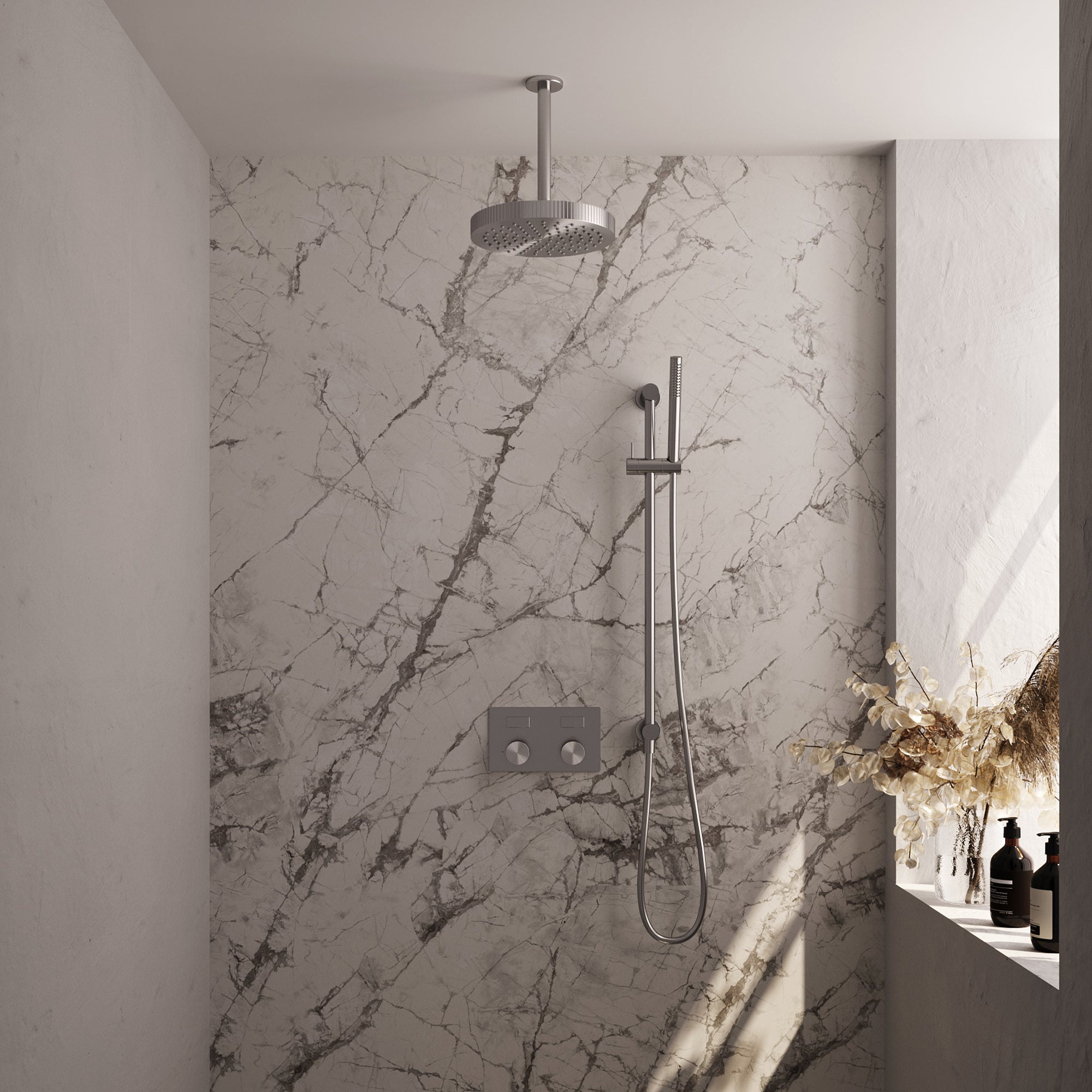 Brauer Stripe inbouw regendoucheset met drukknoppen  - 20cm plafondbuis - staafhanddouche - glijstang - geborsteld RVS PVD
