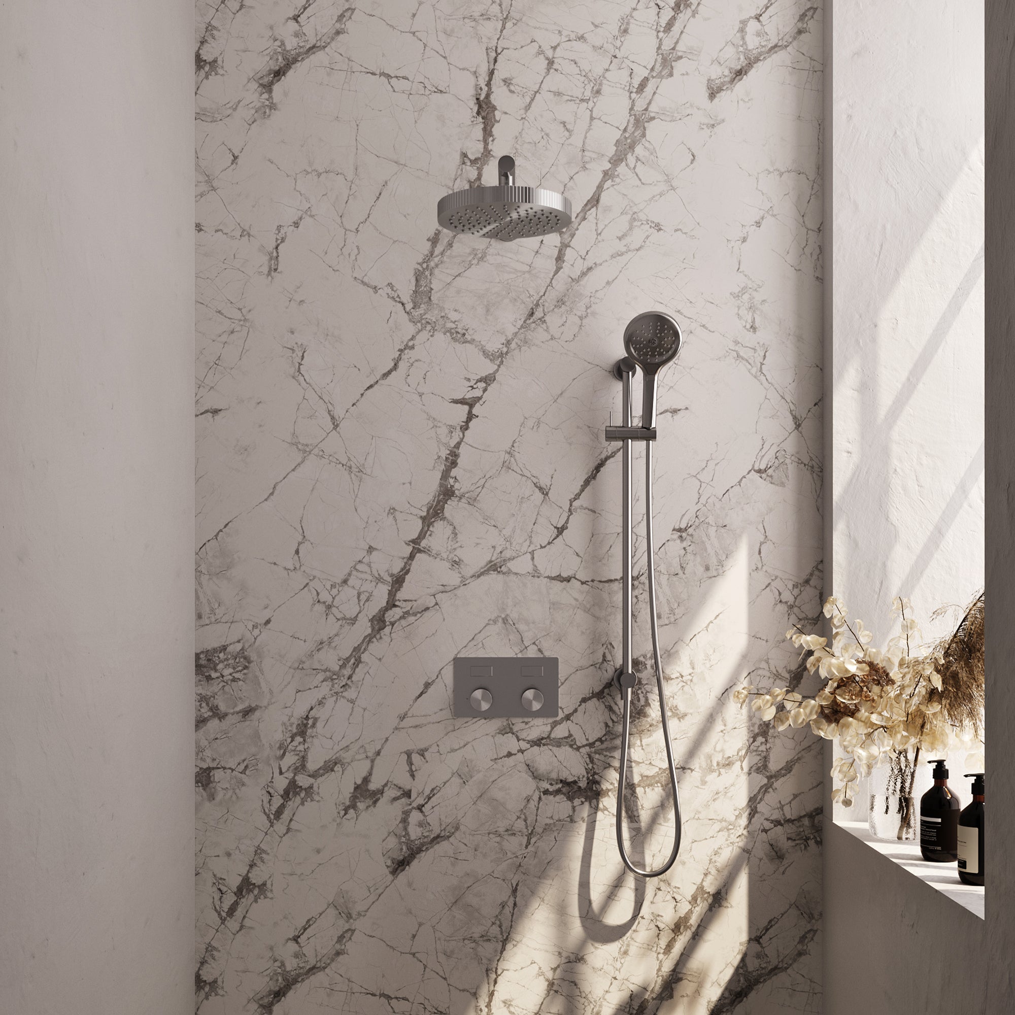 Brauer Stripe inbouw regendoucheset met drukknoppen - rechte wandarm - 3-standen handdouche - glijstang - geborsteld RVS PVD