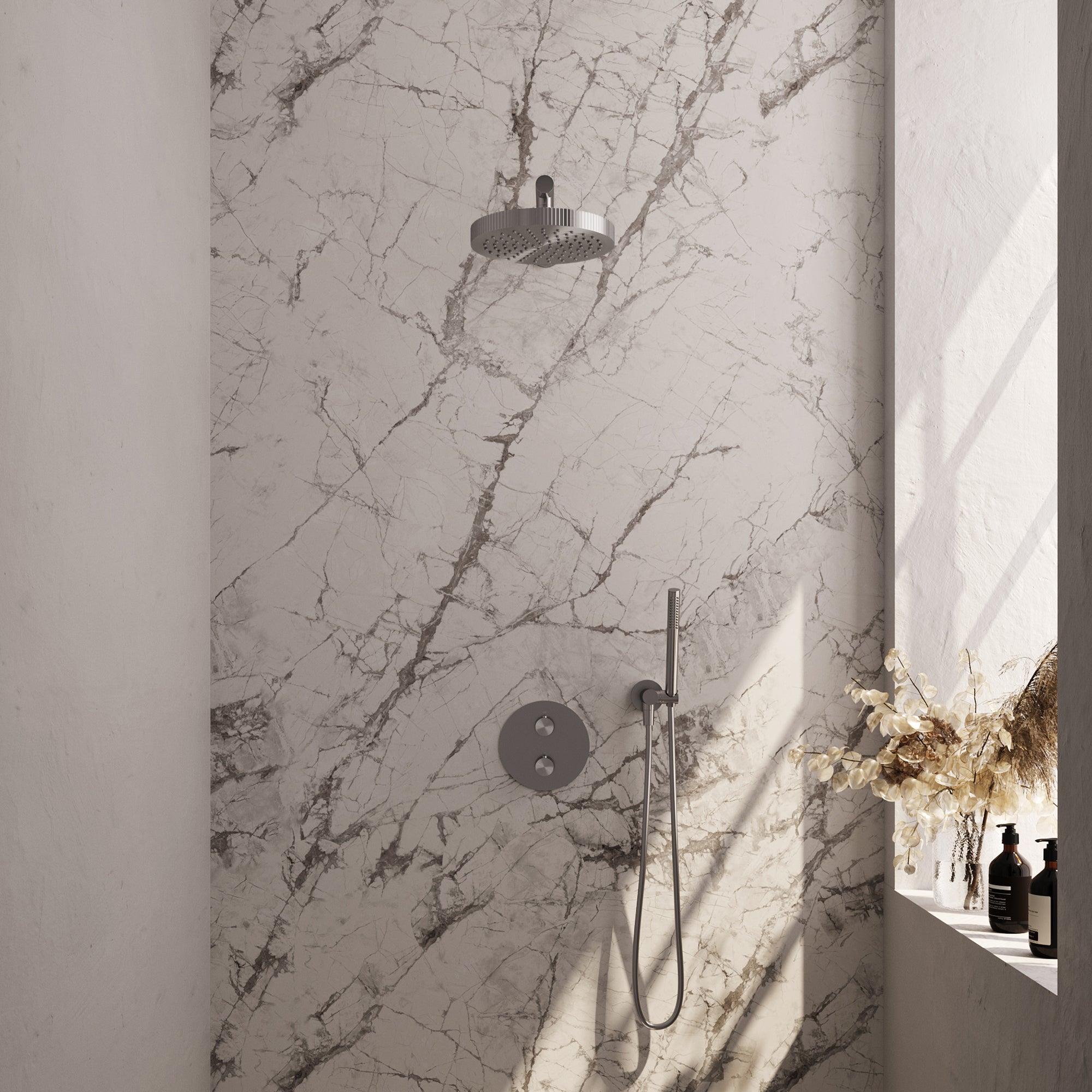 Brauer Stripe inbouw regendoucheset rond - rechte wandarm - staafhanddouche - wandhouder - geborsteld RVS PVD
