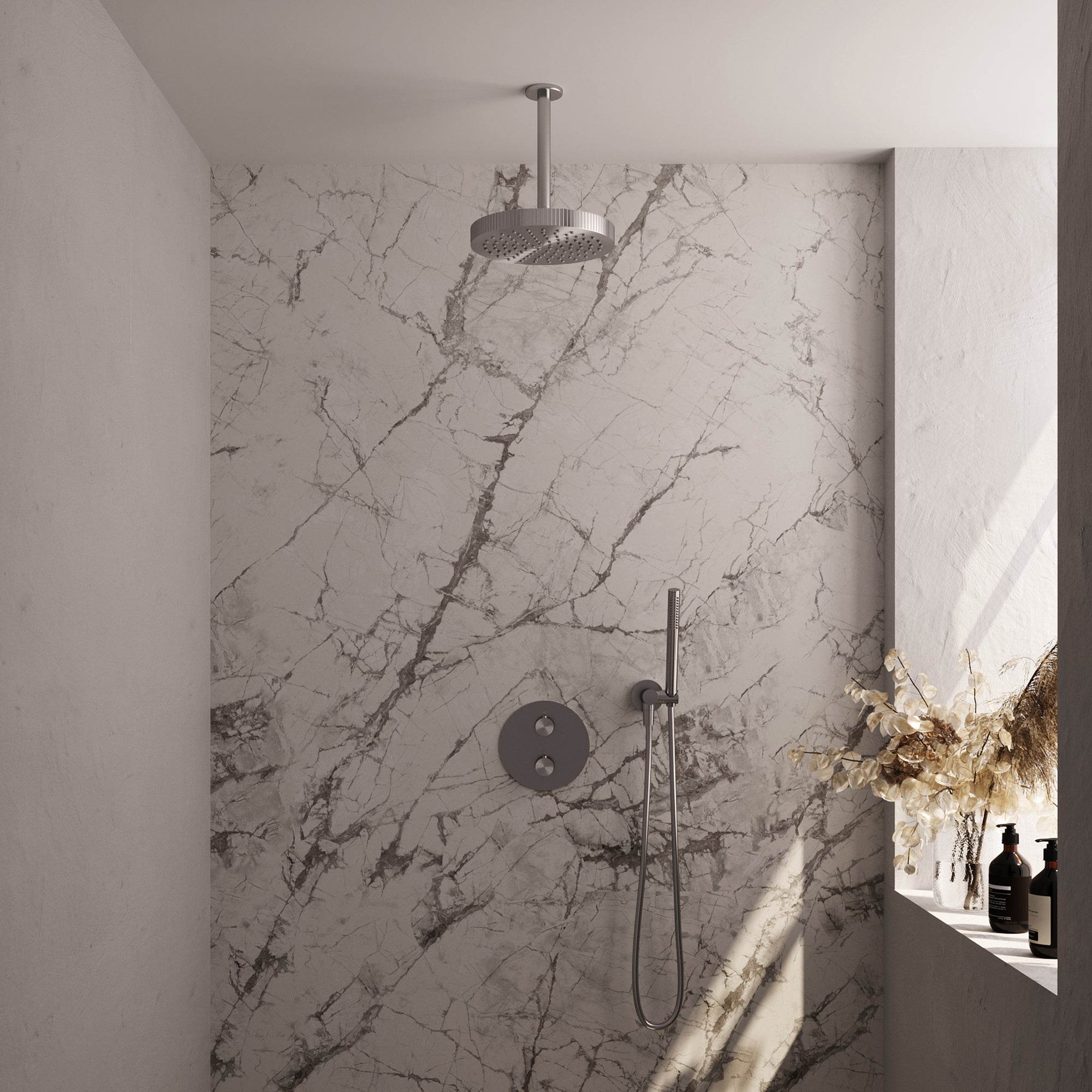 Brauer Stripe inbouw regendoucheset rond  - 20cm plafondbuis - staafhanddouche - wandhouder - geborsteld RVS PVD