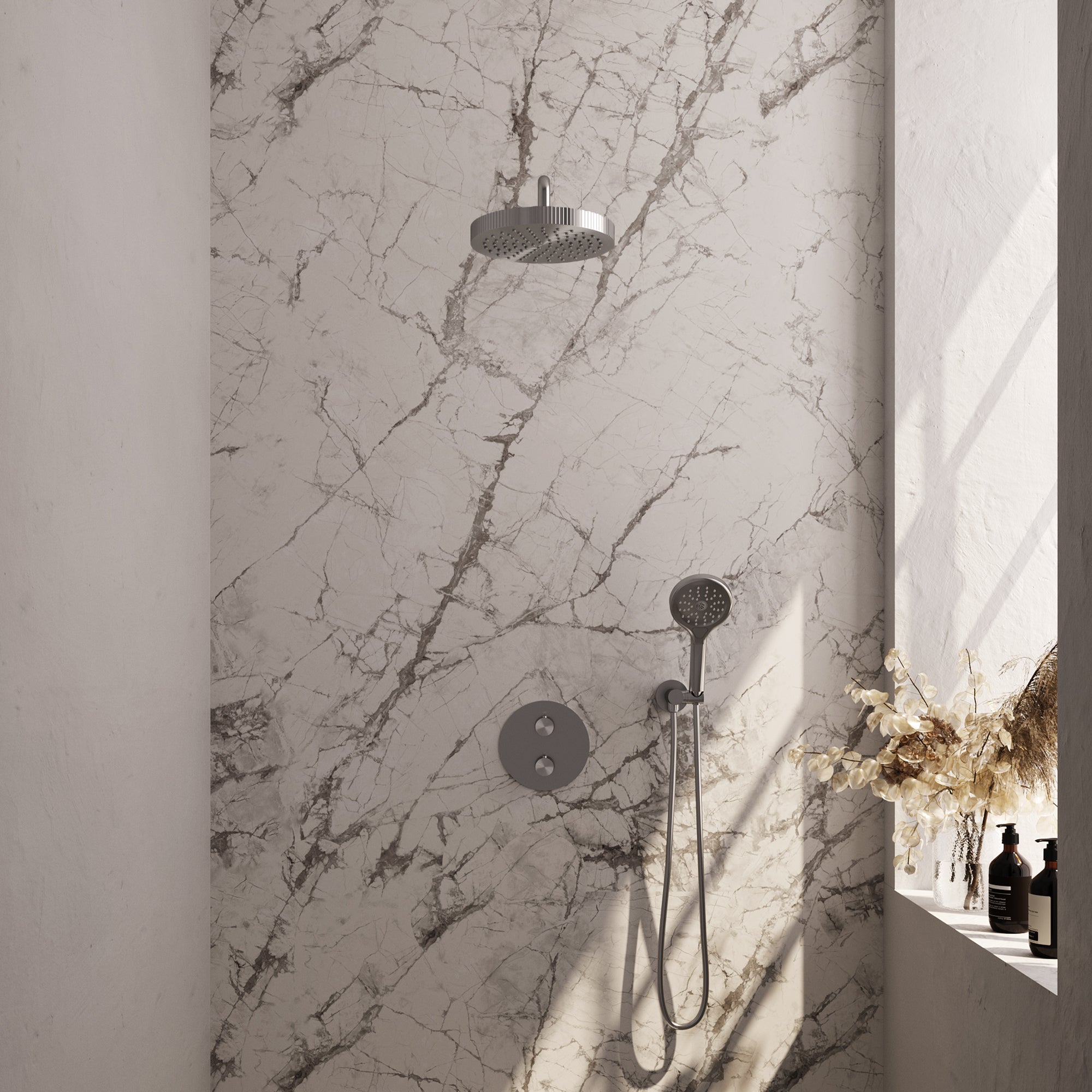 Brauer Stripe inbouw regendoucheset rond - gebogen wandarm - 3-standen handdouche - wandhouder - geborsteld RVS PVD