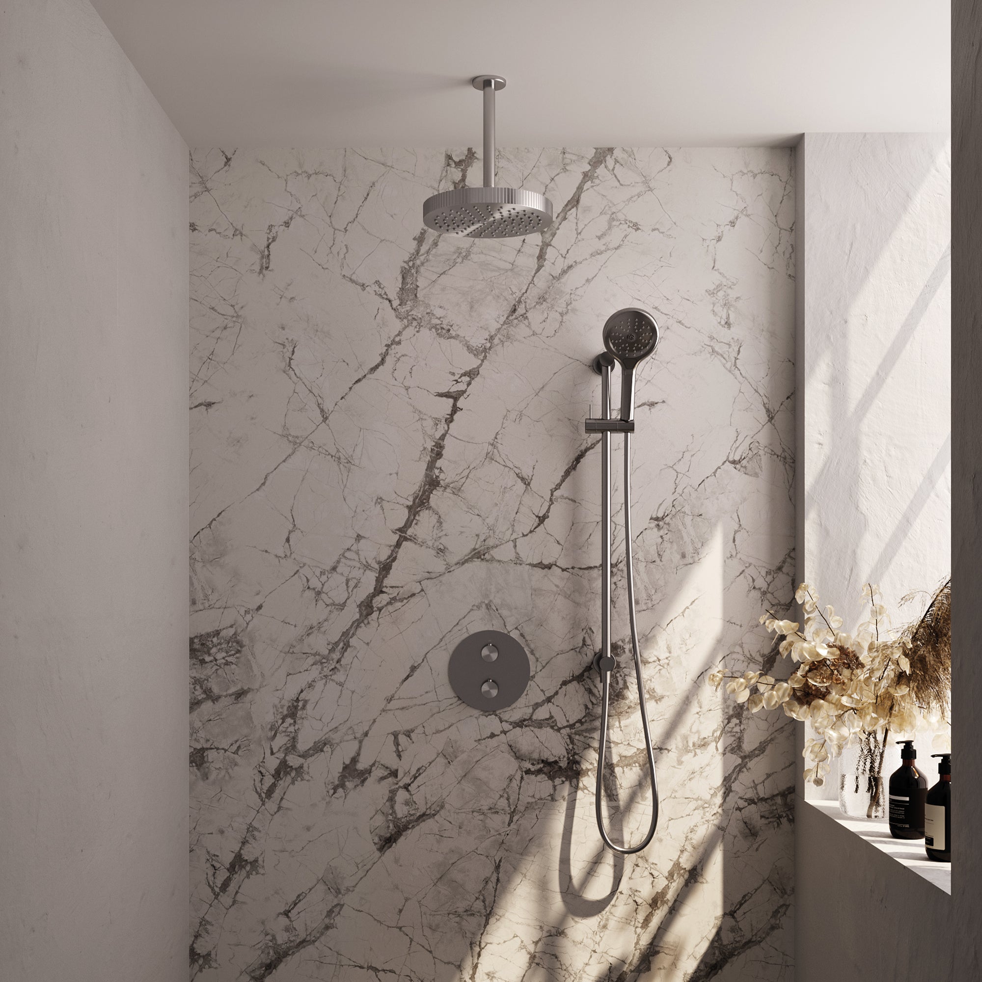 Brauer Stripe inbouw regendoucheset rond  - 20cm plafondbuis - 3-standen handdouche - glijstang - geborsteld RVS PVD