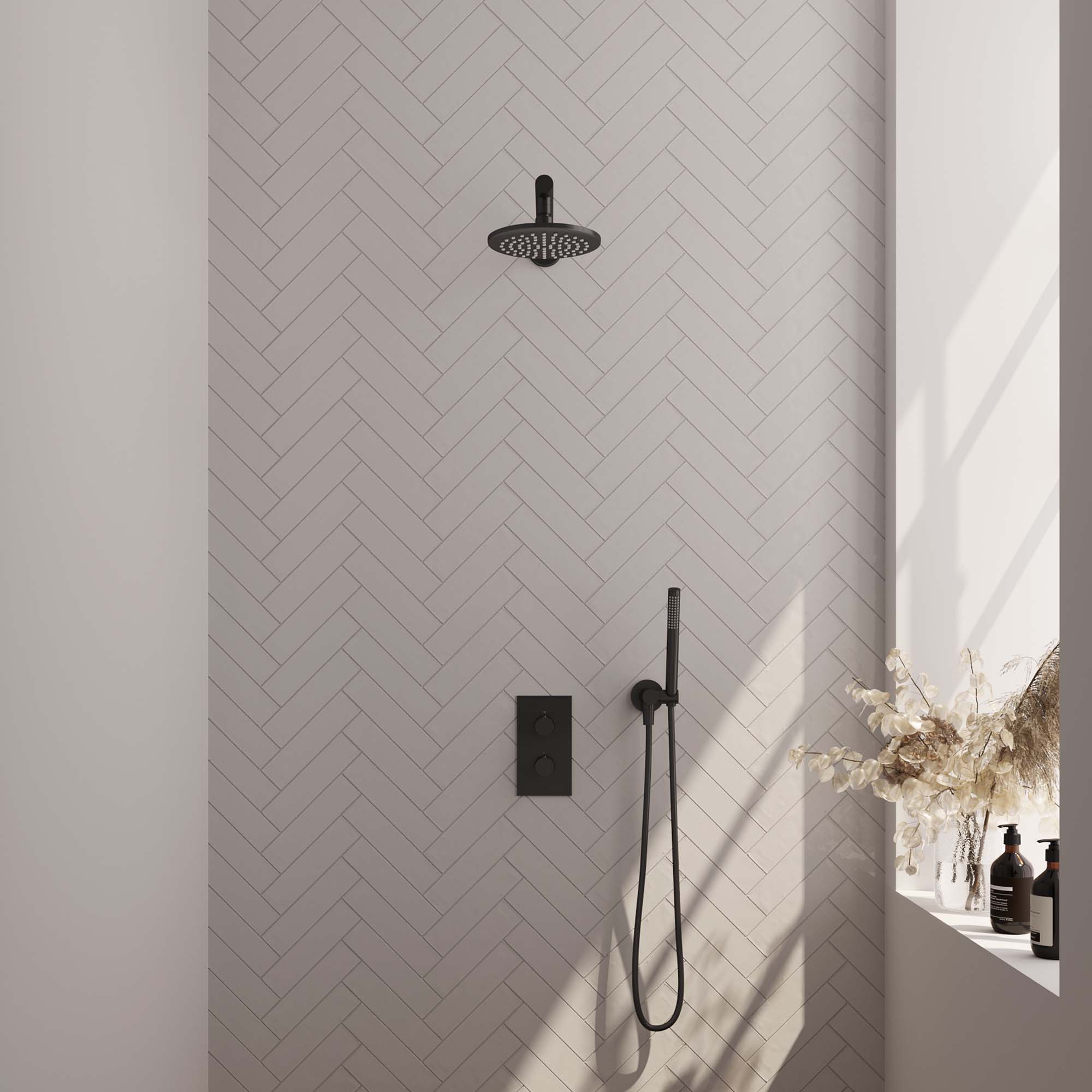 Brauer Edition inbouwset met 3-weg thermostaat - hoofddouche 20cm - rechte wandarm 40cm - staafhanddouche - wandaansluiting - Mat Zwart
