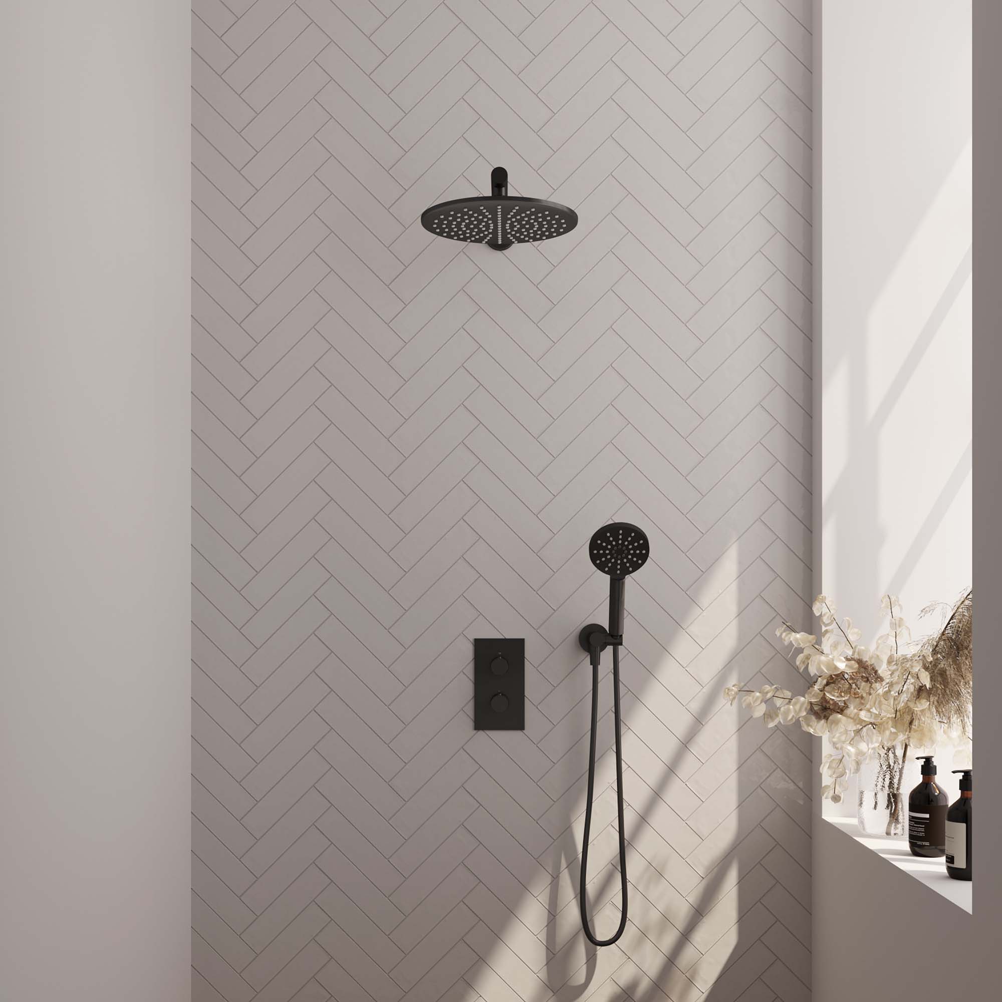 Brauer Edition inbouwset met 3-weg thermostaat - hoofddouche 30cm - rechte wandarm 40cm - ronde 3-standen handdouche - wandaansluiting - Mat Zwart