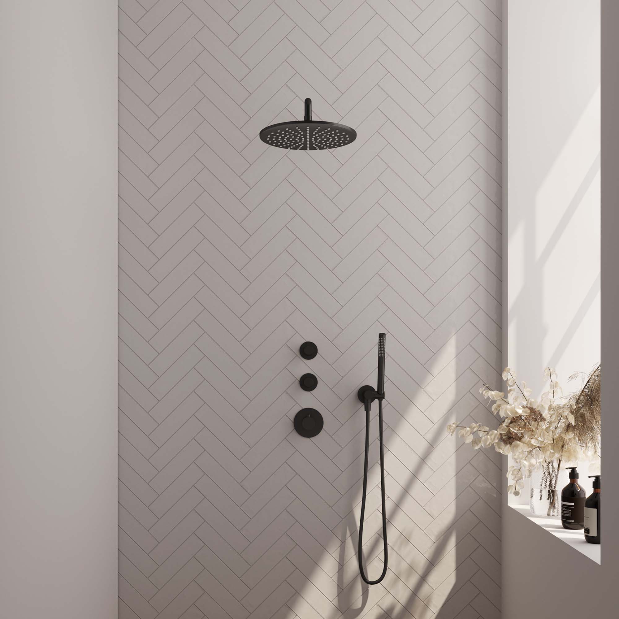 Brauer Edition thermostatische inbouw doucheset - hoofddouche 30cm - wandarm gebogen - staafhanddouche - Mat Zwart