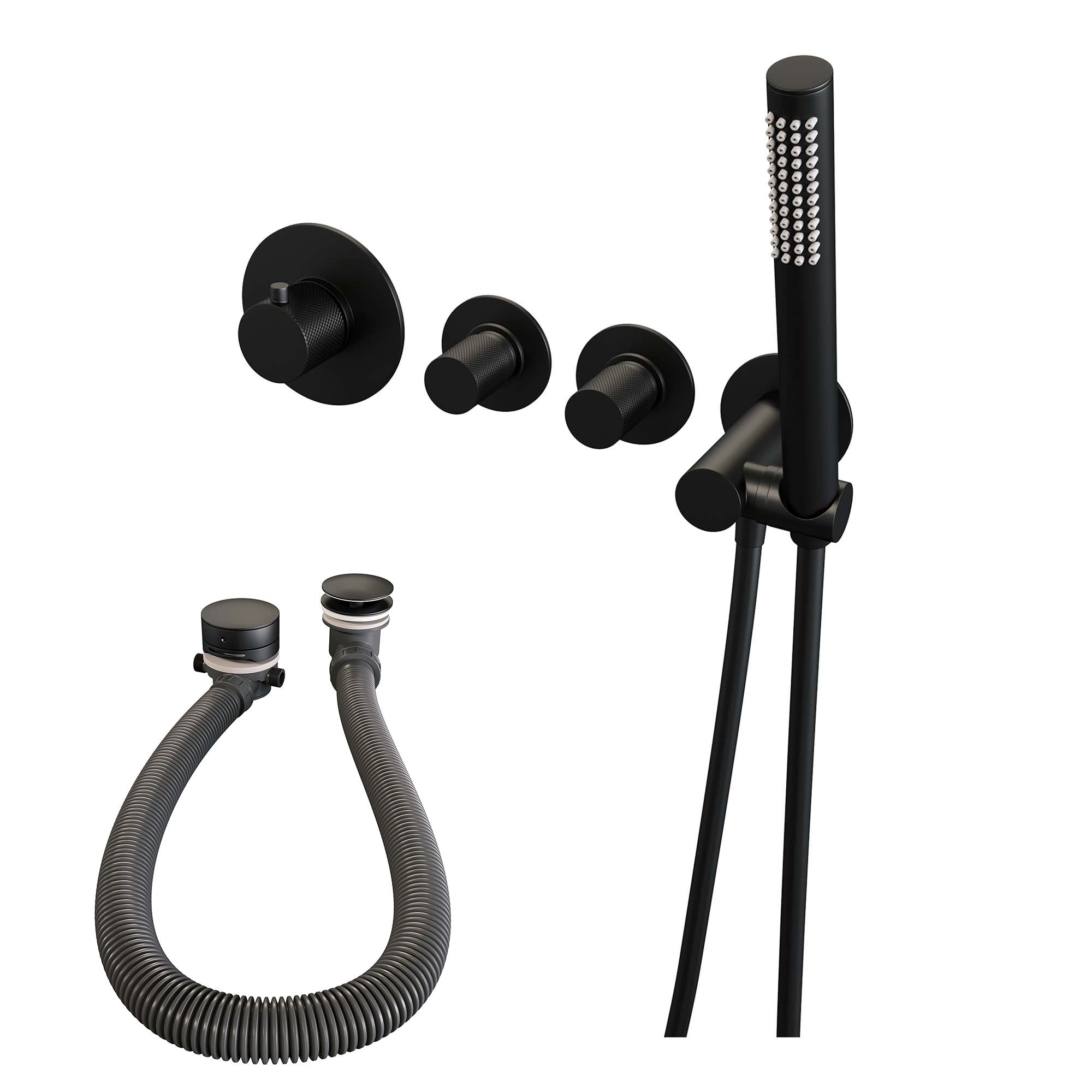 Brauer Carving inbouw badthermostaat met badafvoer/vulcombinatie - staafhanddouche - Mat Zwart