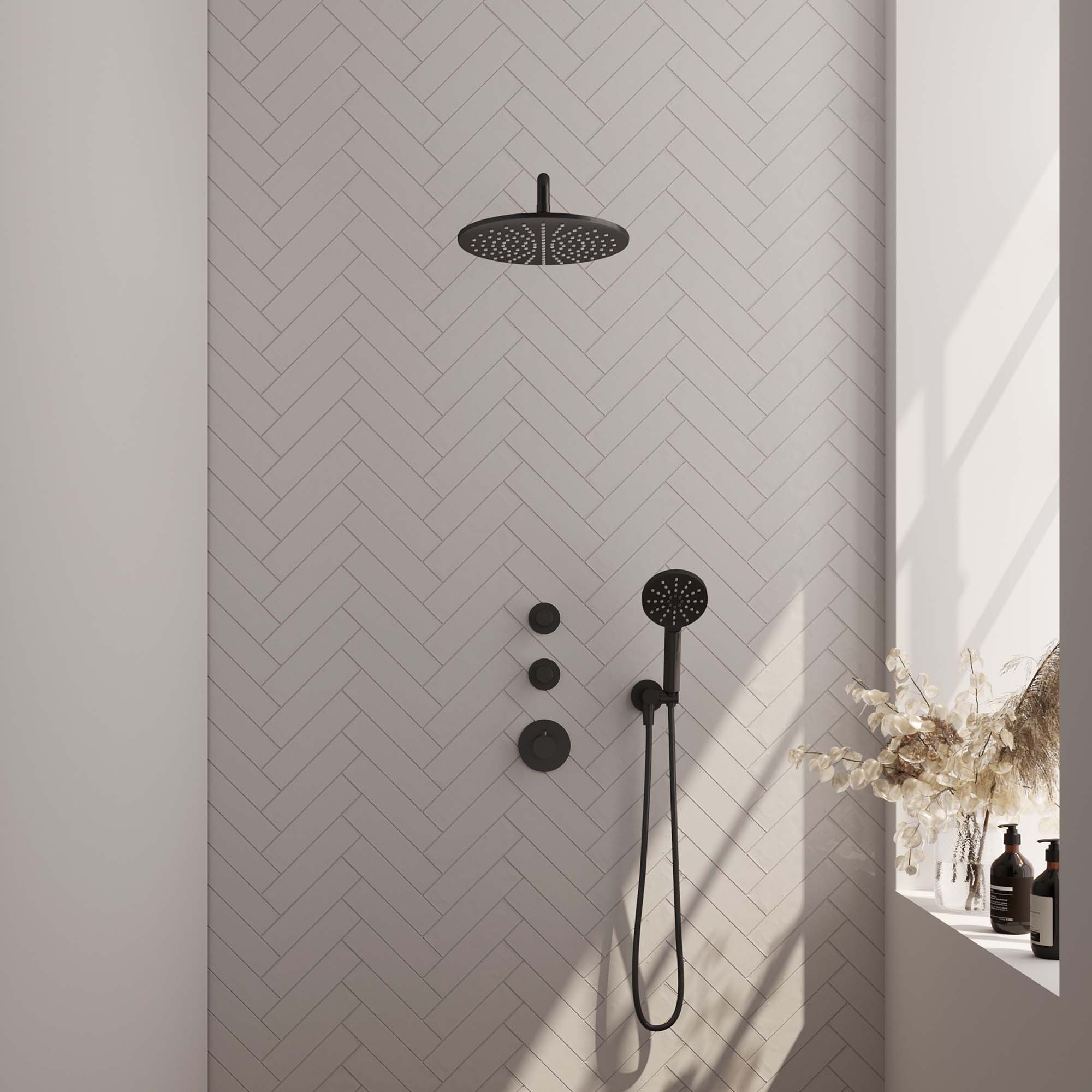 Brauer Carving thermostatische inbouw doucheset - hoofddouche 30cm - gebogen wandarm - 3 standen handdouche rond - Mat Zwart