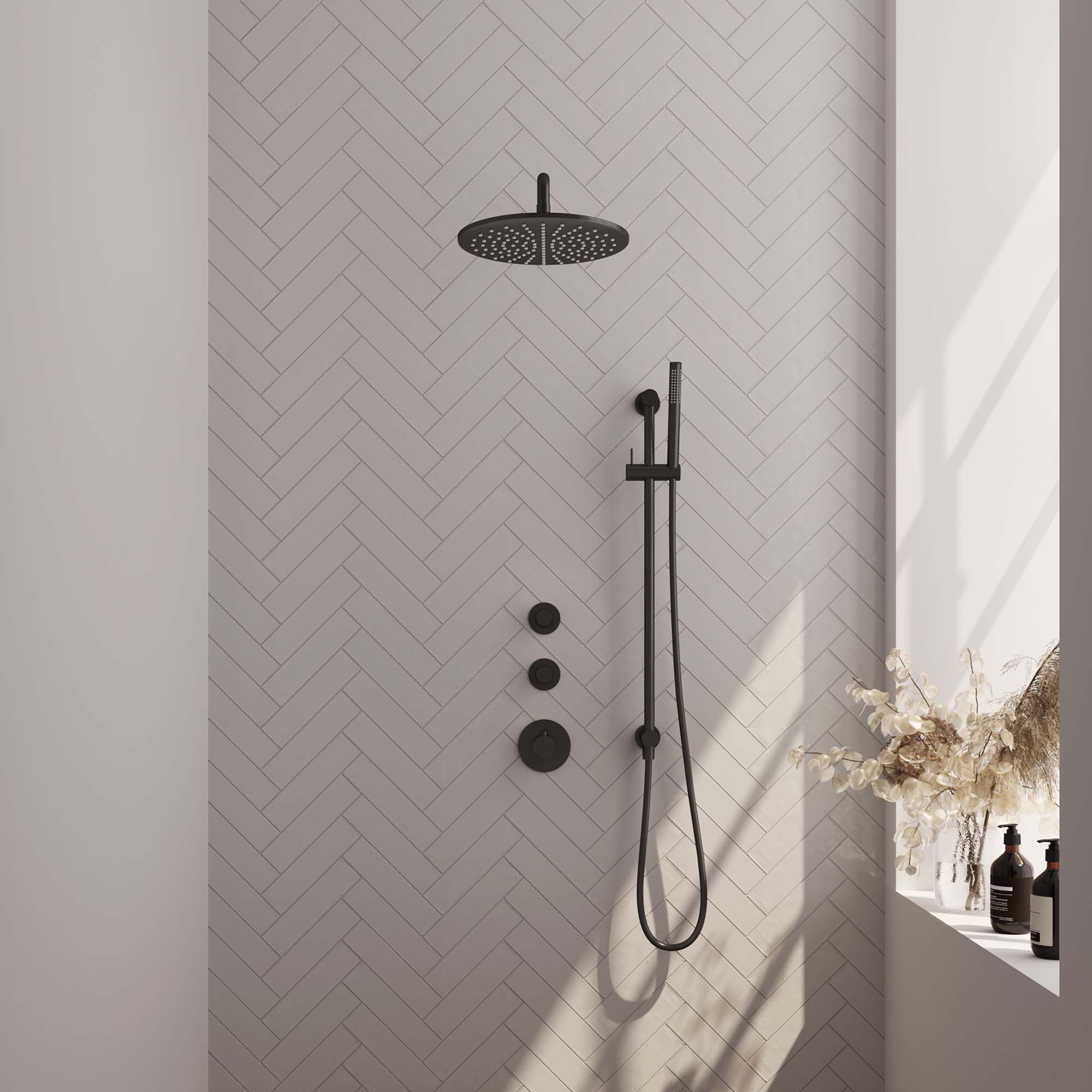 Brauer Carving thermostatische inbouw doucheset - hoofddouche 30cm - gebogen wandarm - staafhanddouche - Glijstang - Mat Zwart