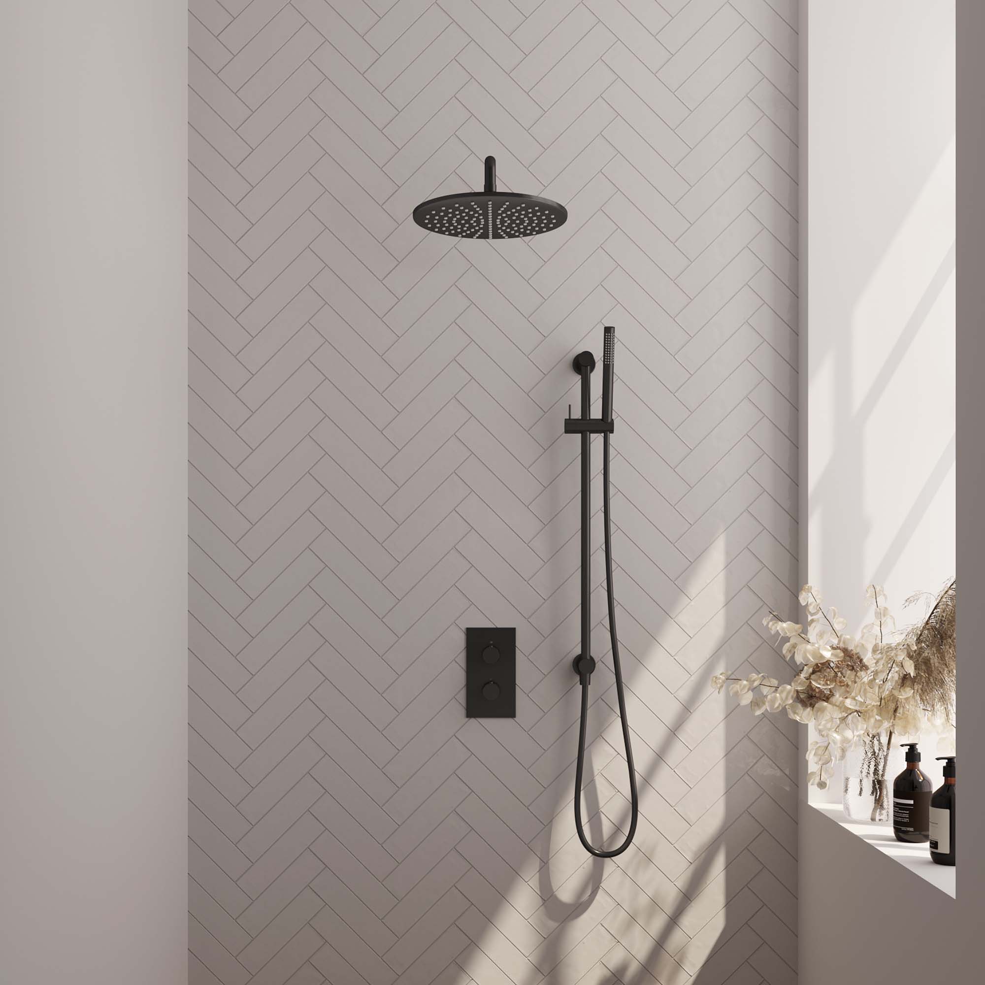 Brauer Carving inbouwset met 3-weg thermostaat - hoofddouche 30cm - gebogen wandarm 40cm - staafhanddouche - glijstang met aansluitbocht - Mat Zwart