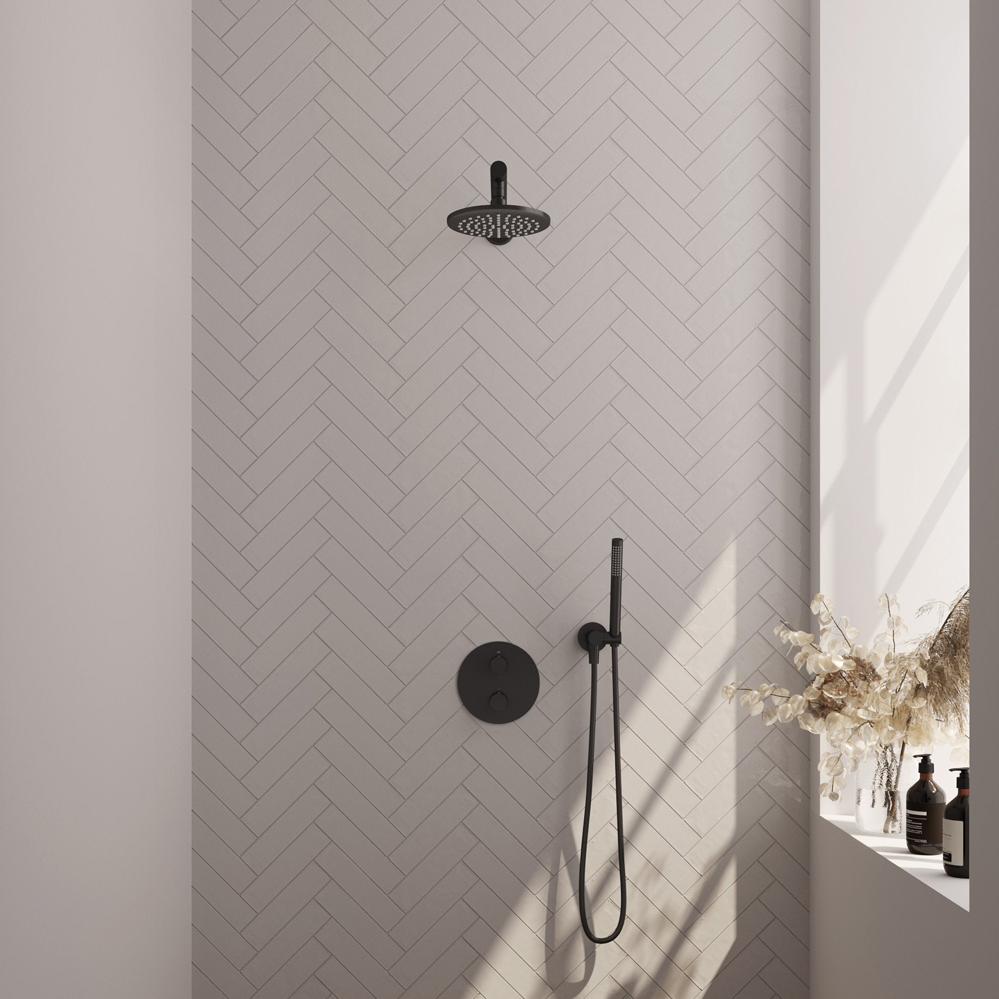 Brauer Edition inbouw regendoucheset 3-weg rond - 20cm hoofddouche - rechte wandarm - staafhanddouche - wandhouder - Mat Zwart