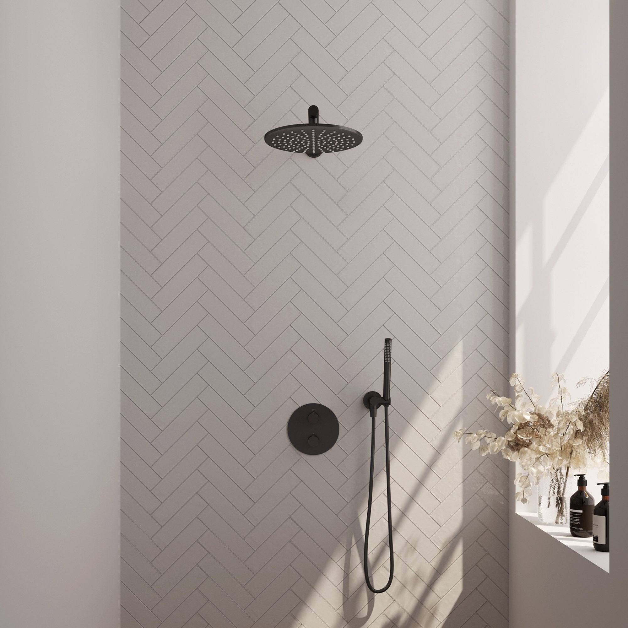 Brauer Edition inbouw regendoucheset 3-weg rond - 30cm hoofddouche - rechte wandarm - staafhanddouche - wandhouder - Mat Zwart