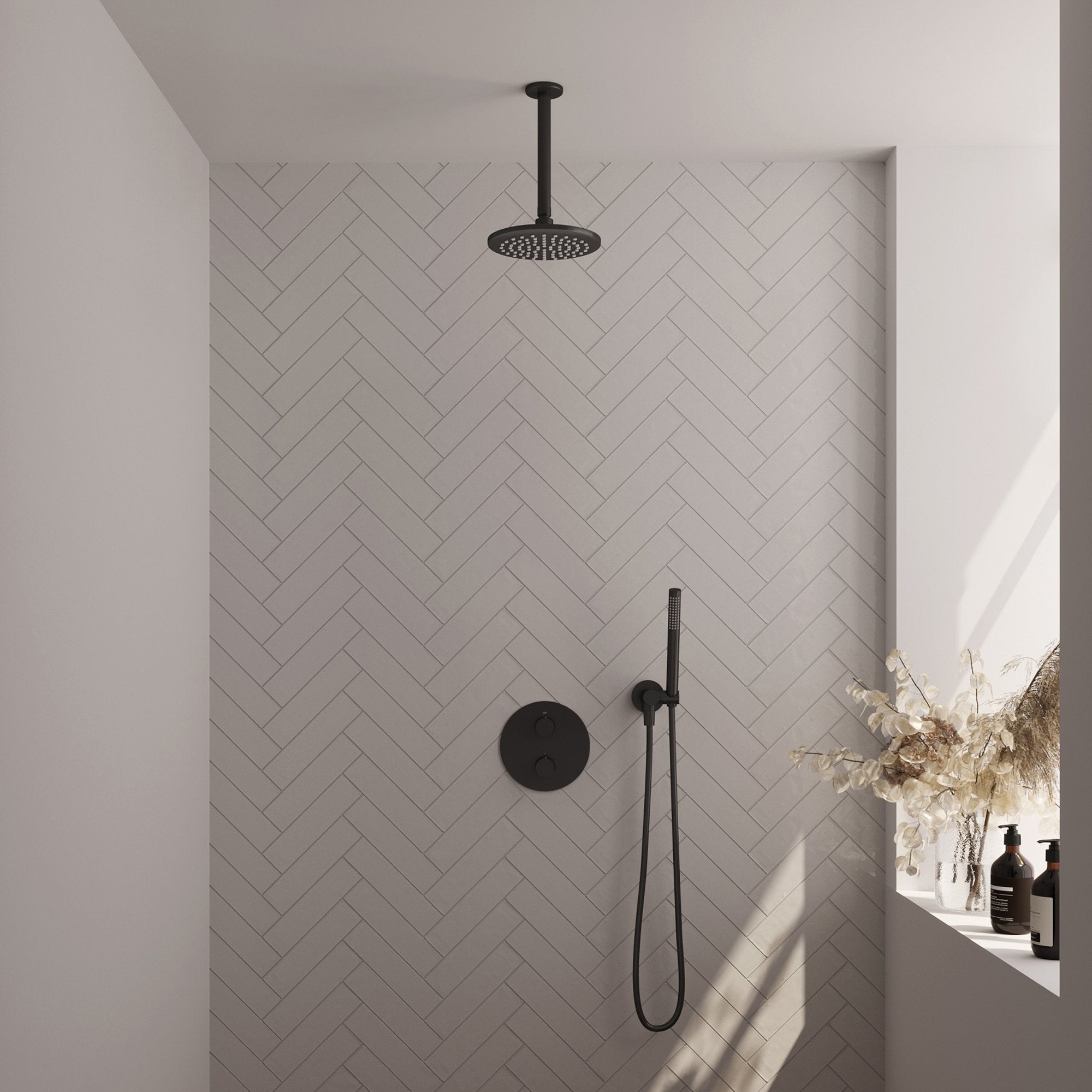 Brauer Edition inbouw regendoucheset 3-weg rond - 20cm hoofddouche - plafondarm - staafhanddouche - wandhouder - Mat Zwart
