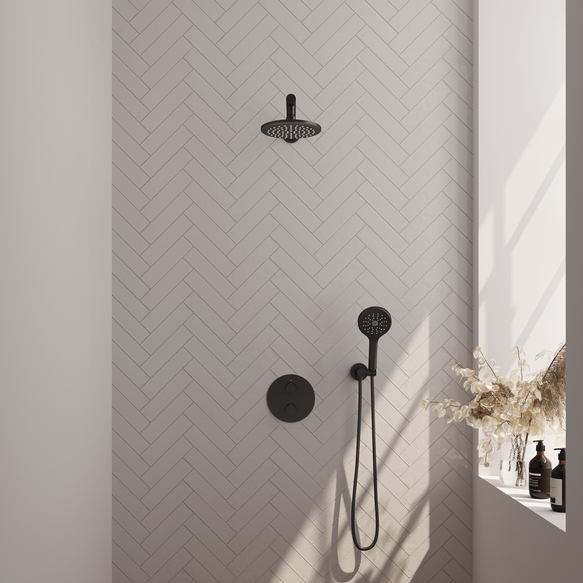 Brauer Edition inbouw regendoucheset 3-weg rond - 20cm hoofddouche - rechte wandarm - 3 standen handdouche - wandhouder - Mat Zwart