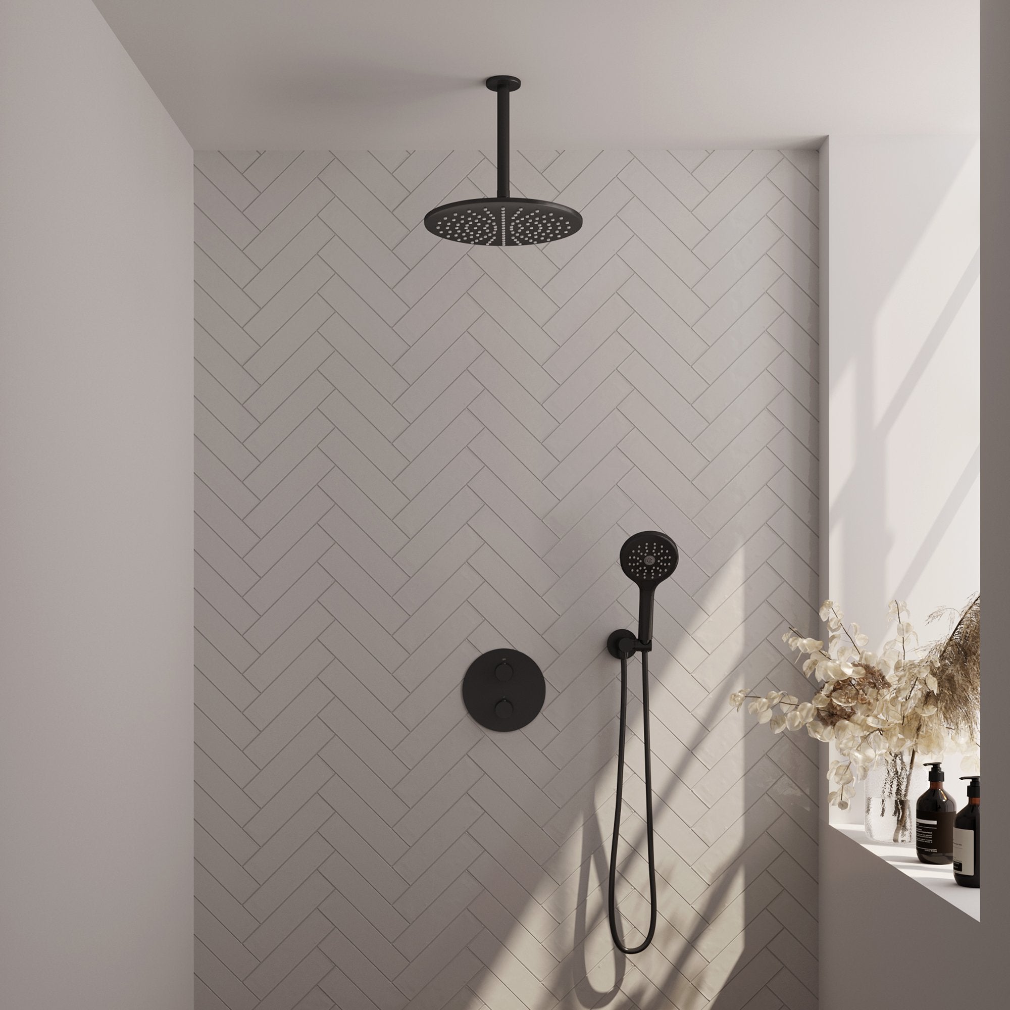 Brauer Edition inbouw regendoucheset 3-weg rond - 30cm hoofddouche - plafondarm - 3 standen handdouche - wandhouder - Mat Zwart